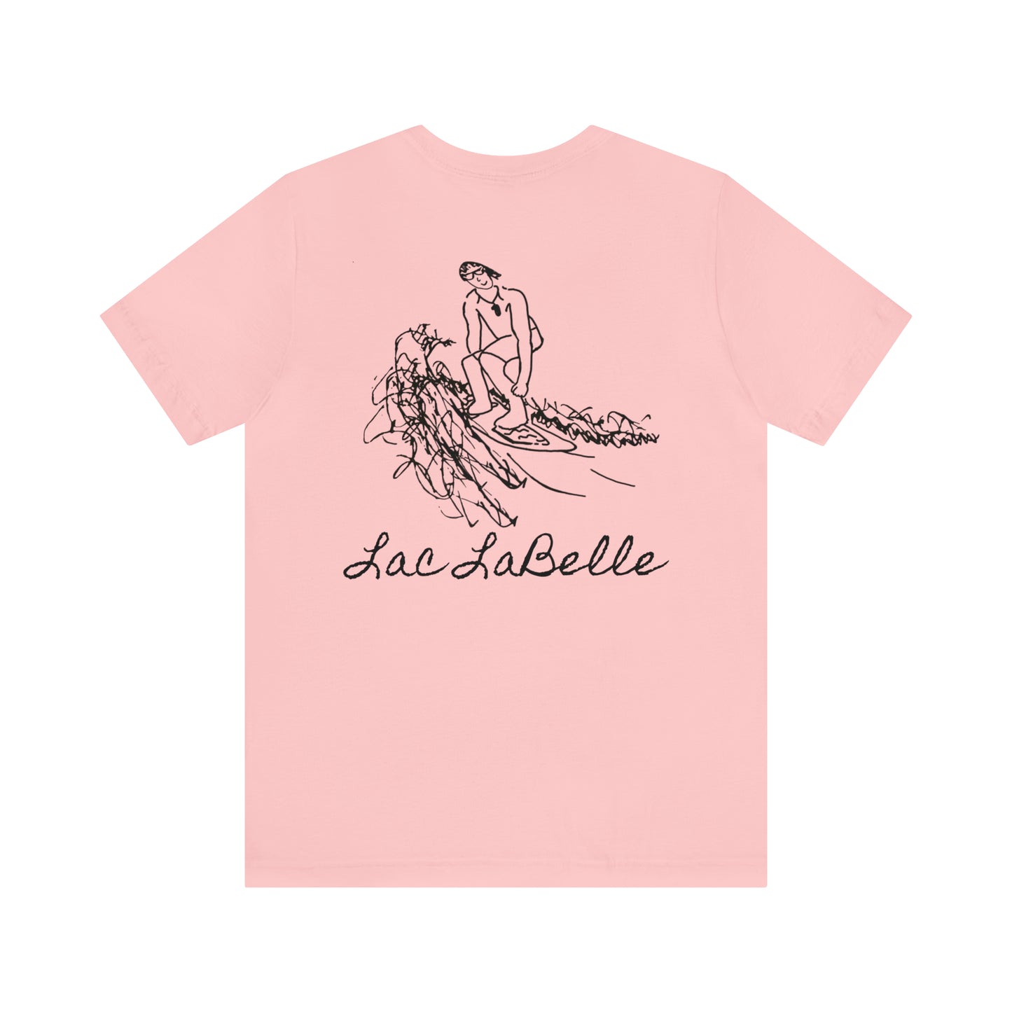 Lac LaBelle, Bottle Front & Surfing Sketch -Unisex Lightweight Short Sleeve Tee