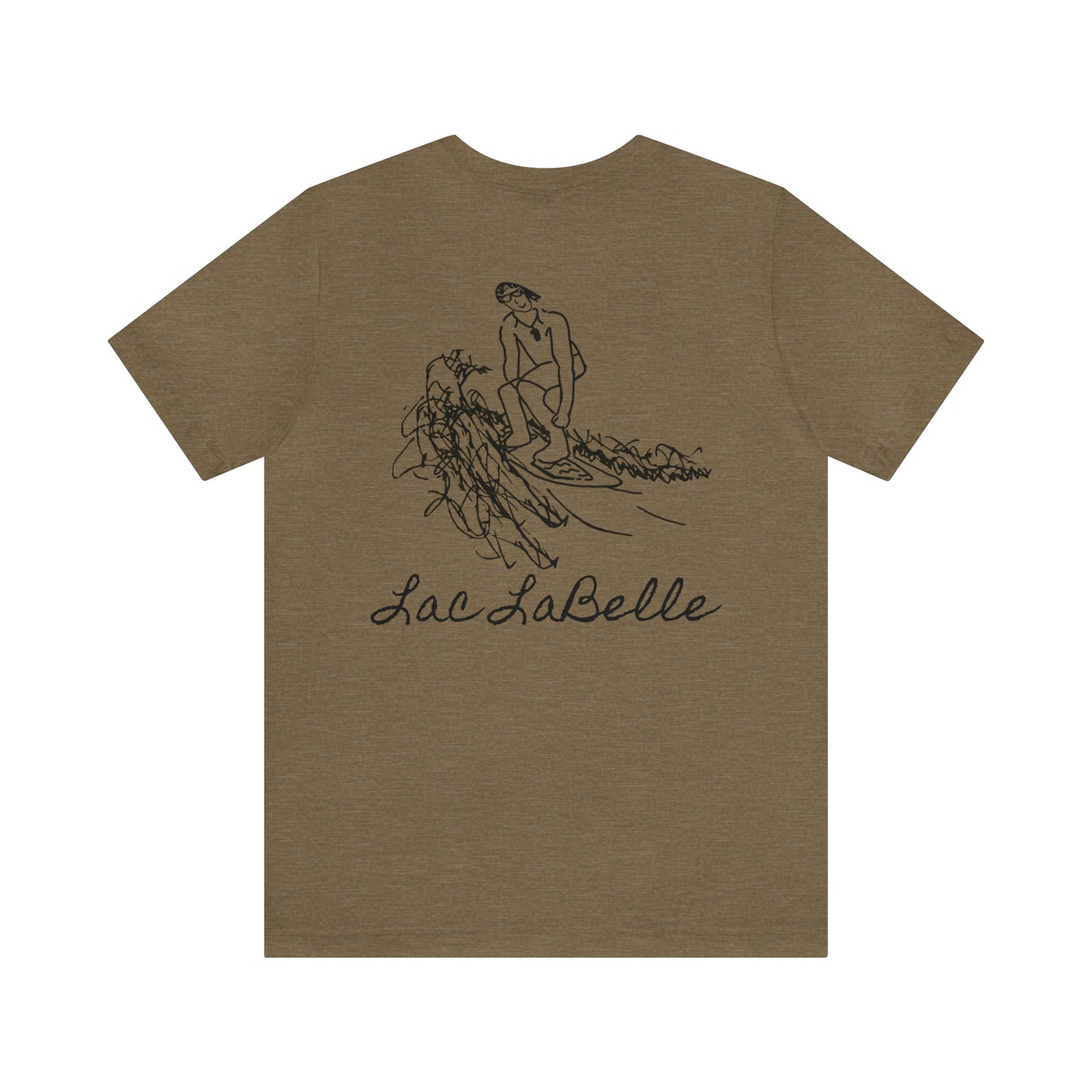 Lac LaBelle, Bottle Front & Surfing Sketch -Unisex Lightweight Short Sleeve Tee