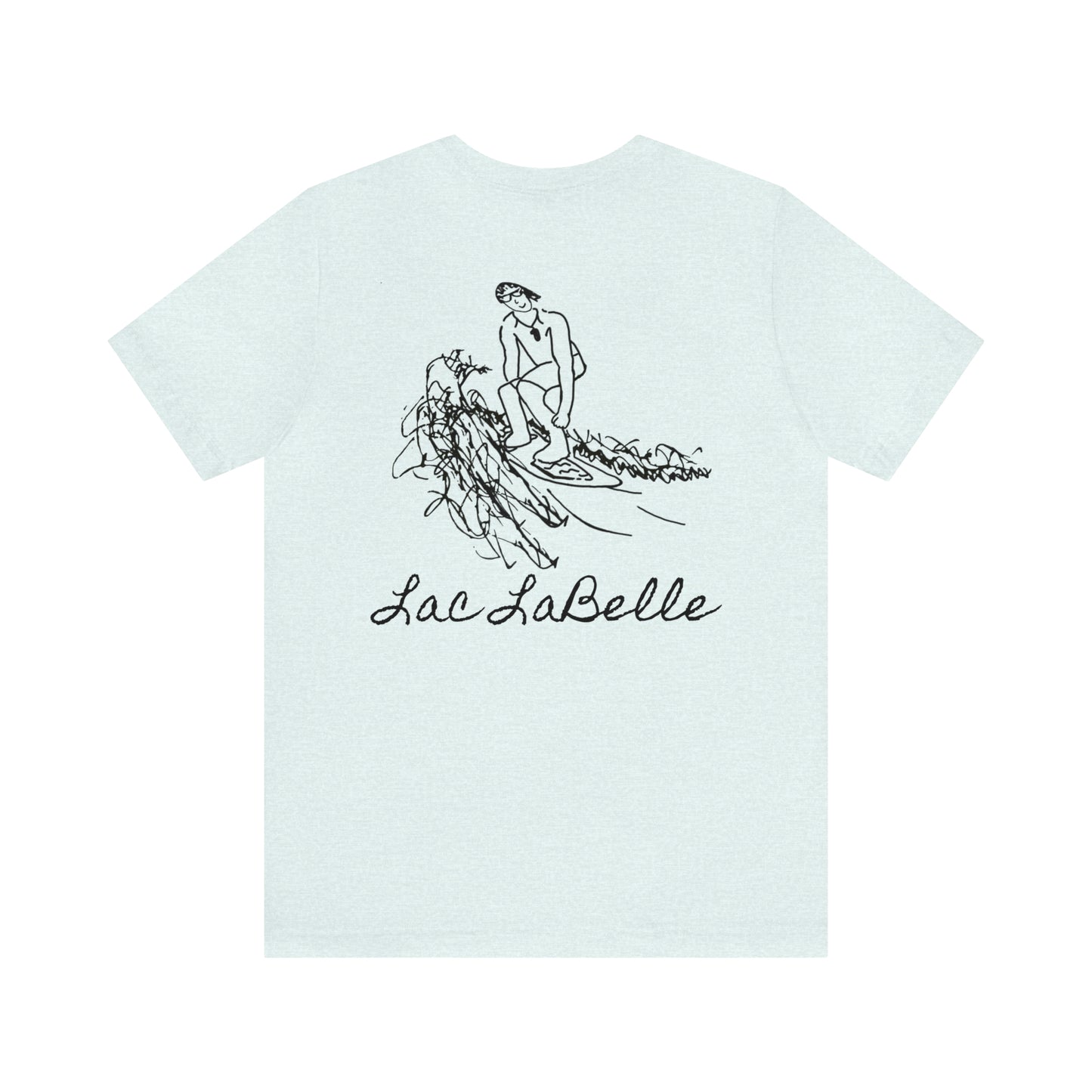 Lac LaBelle, Bottle Front & Surfing Sketch -Unisex Lightweight Short Sleeve Tee