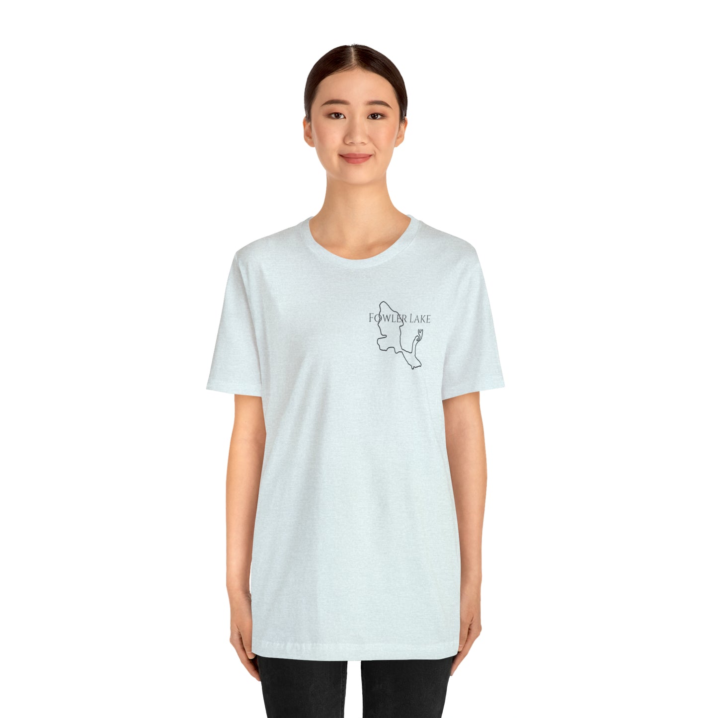 Fowler Lake front, Fishing with Blue Background - Bella & Canvas Unisex Short Sleeve Tee