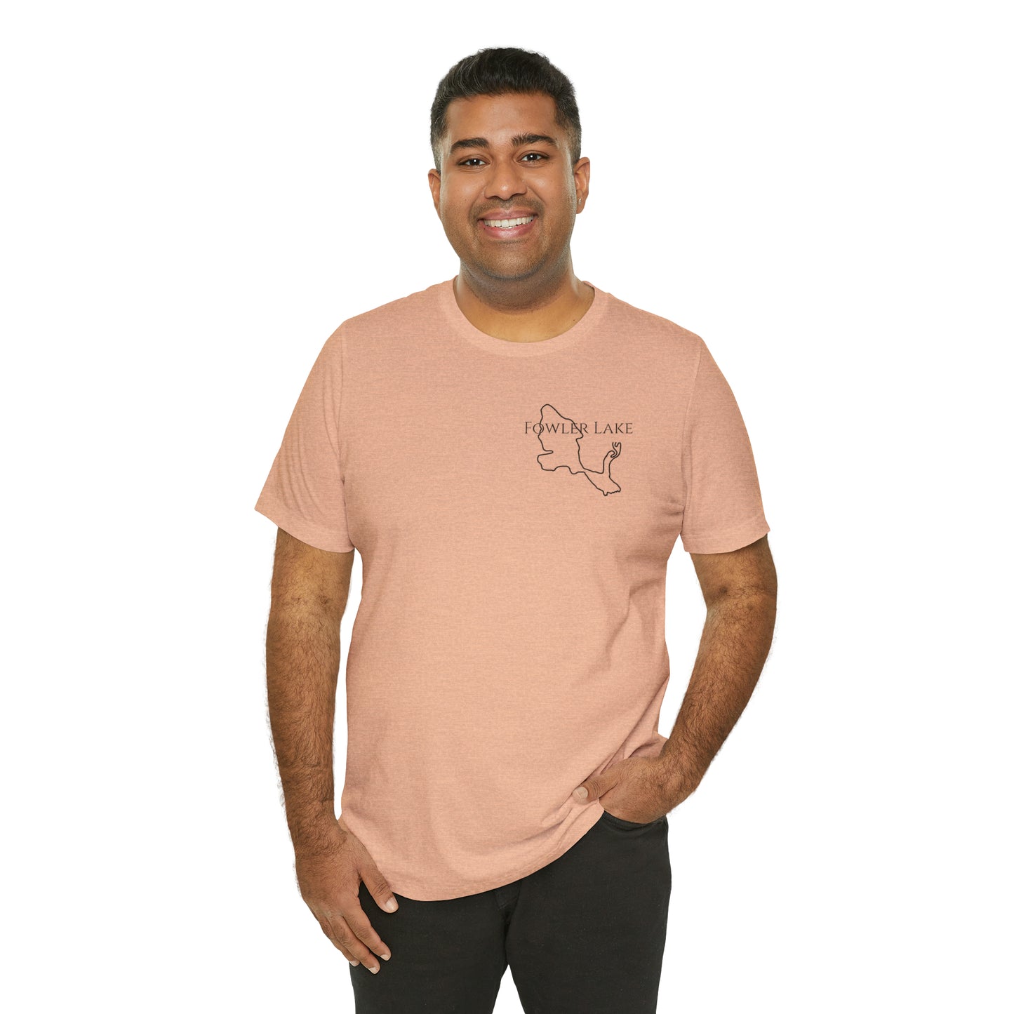 Fowler Lake front, Fishing with Blue Background - Bella & Canvas Unisex Short Sleeve Tee