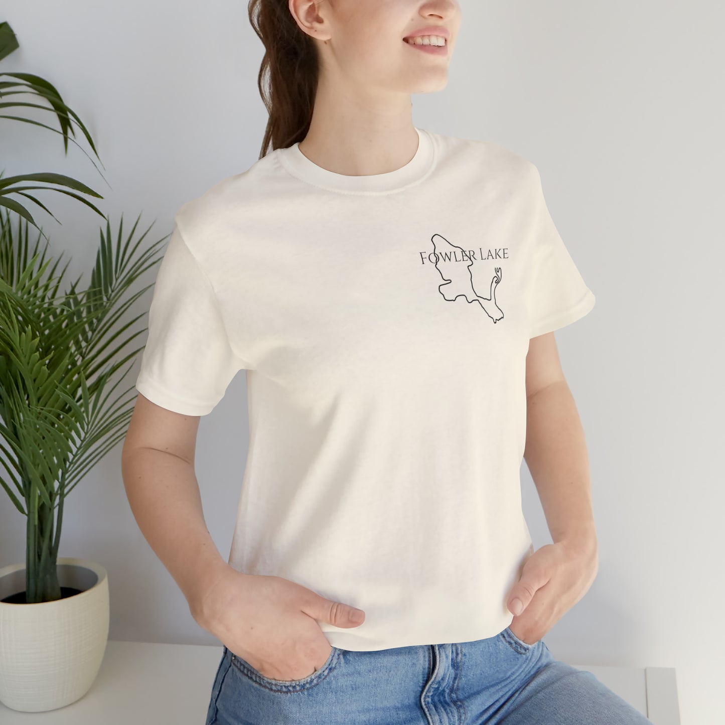 Fowler Lake front, Fishing with Blue Background - Bella & Canvas Unisex Short Sleeve Tee