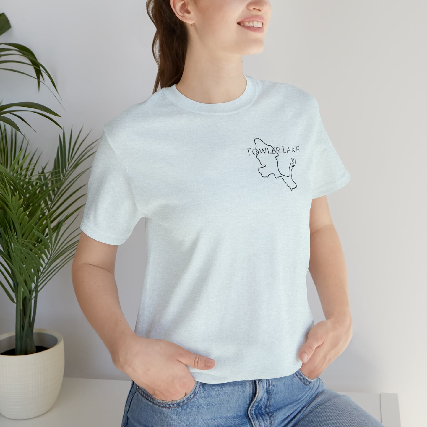 Fowler Lake front, Fishing with Blue Background - Bella & Canvas Unisex Short Sleeve Tee