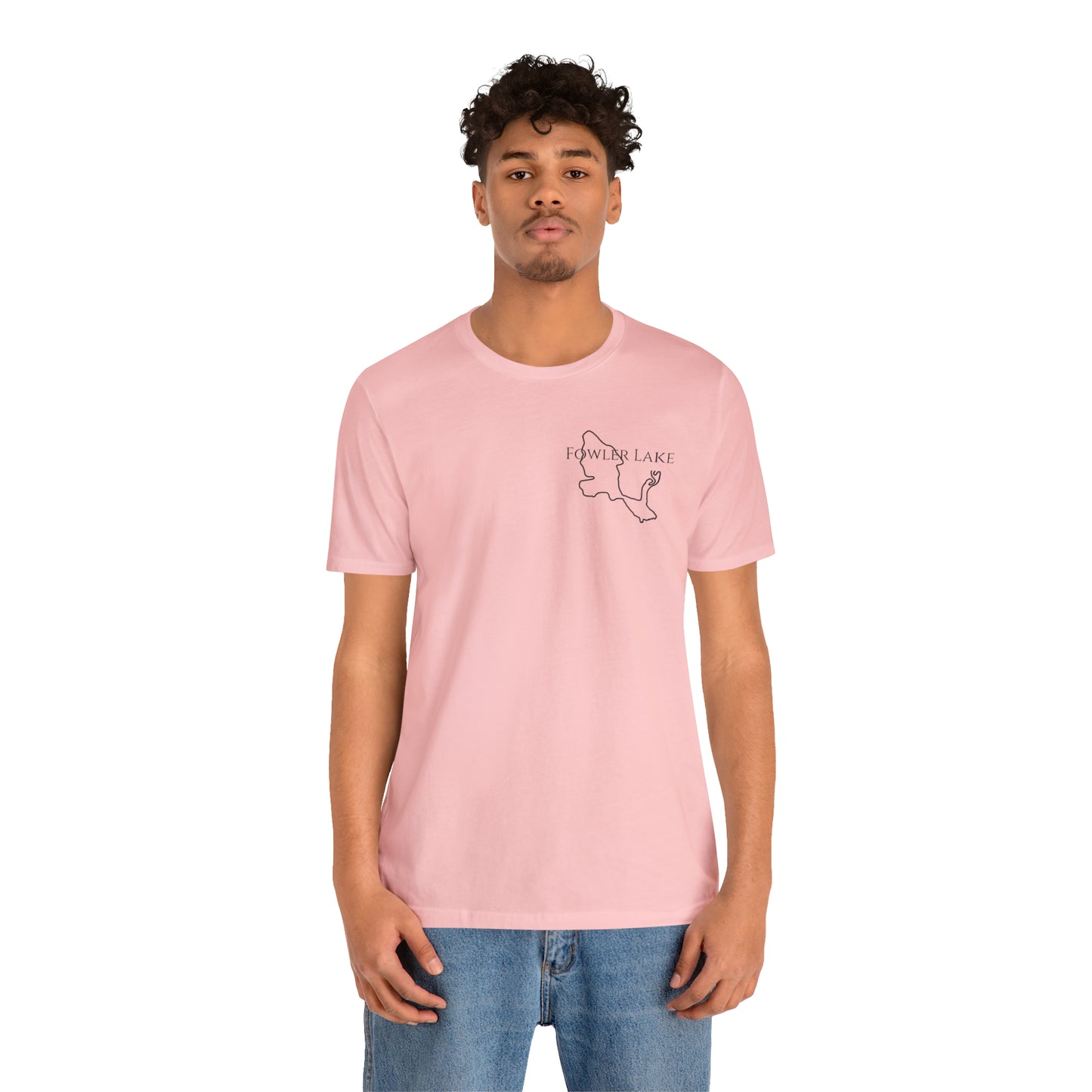 Fowler Lake front, Fishing with Blue Background - Bella & Canvas Unisex Short Sleeve Tee