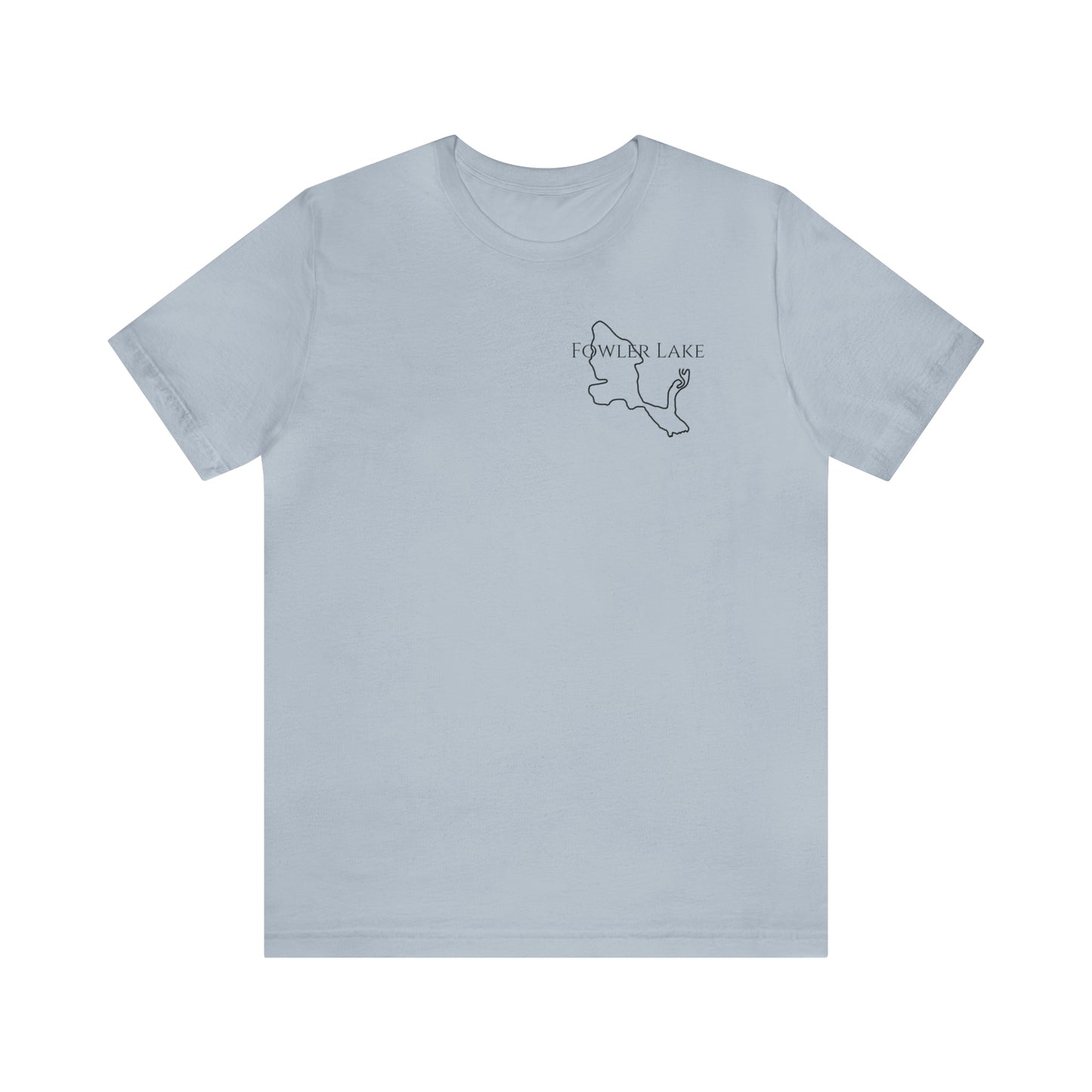 Fowler Lake front, Fishing with Blue Background - Bella & Canvas Unisex Short Sleeve Tee