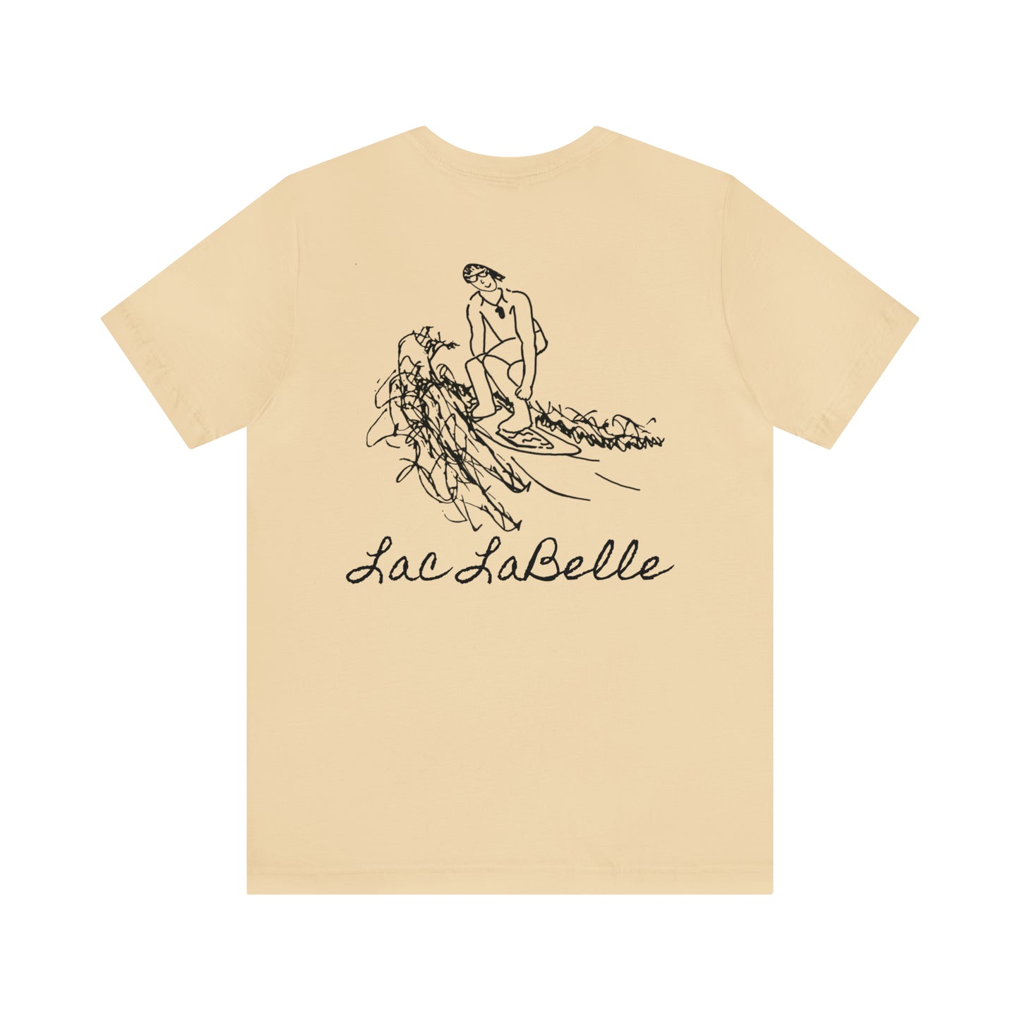 Lac LaBelle, Bottle Front & Surfing Sketch -Unisex Lightweight Short Sleeve Tee