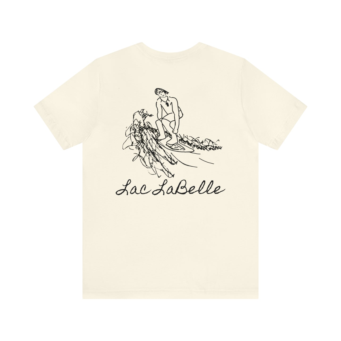 Lac LaBelle, Bottle Front & Surfing Sketch -Unisex Lightweight Short Sleeve Tee