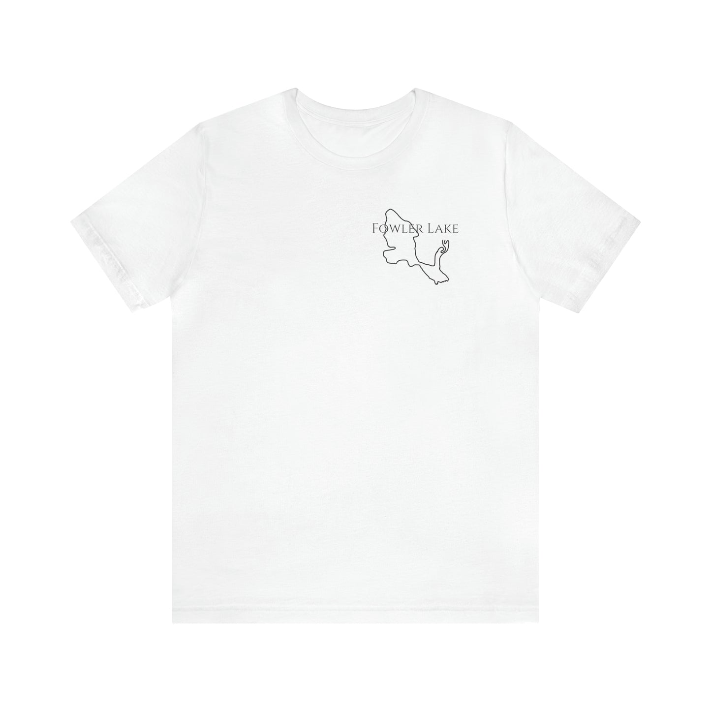 Fowler Lake front, Fishing with Blue Background - Bella & Canvas Unisex Short Sleeve Tee