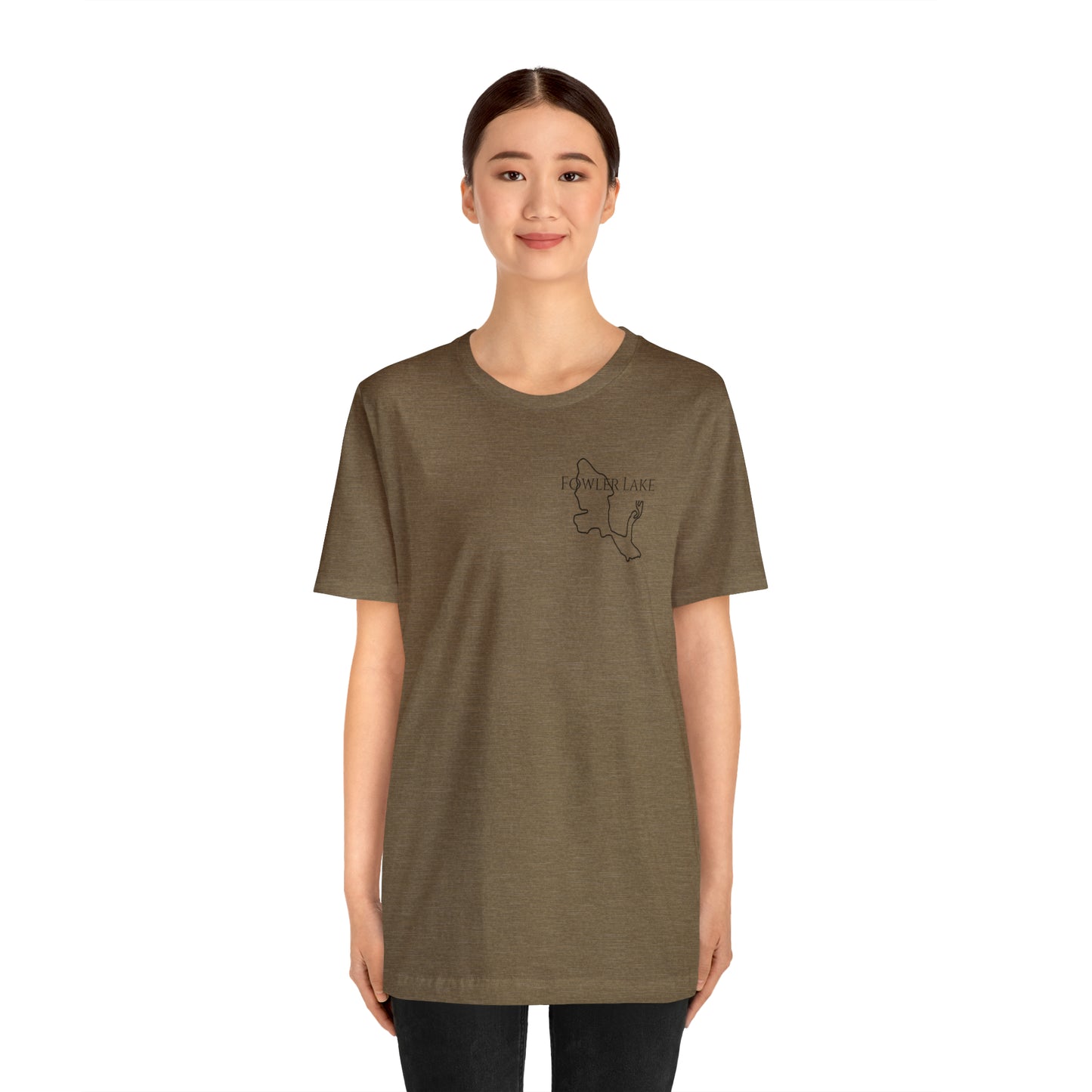 Fowler Lake front, Fishing with Blue Background - Bella & Canvas Unisex Short Sleeve Tee