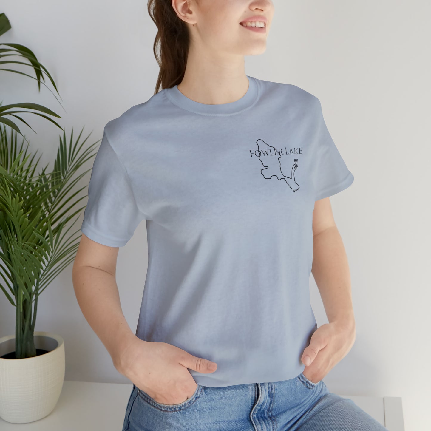 Fowler Lake front, Fishing with Blue Background - Bella & Canvas Unisex Short Sleeve Tee