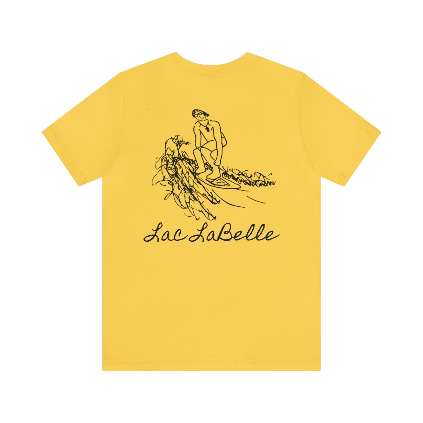 Lac LaBelle, Bottle Front & Surfing Sketch -Unisex Lightweight Short Sleeve Tee