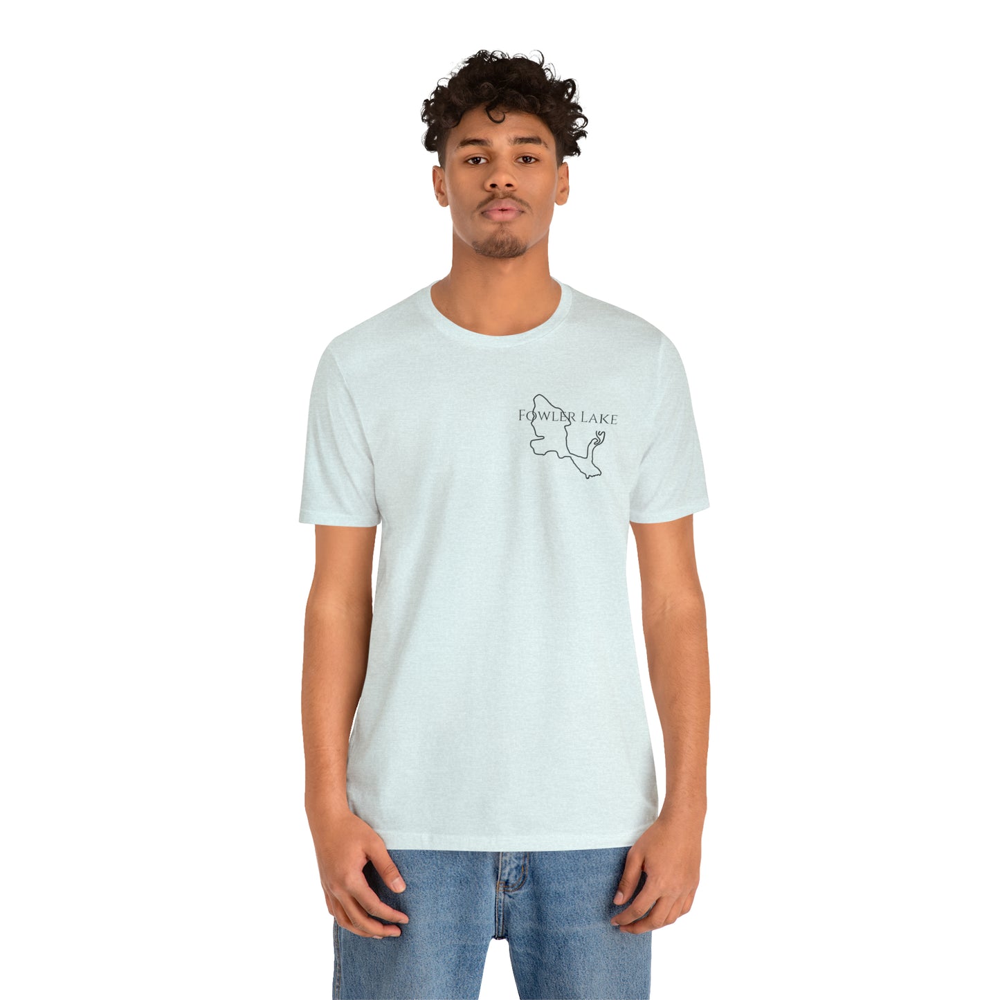 Fowler Lake front, Fishing with Blue Background - Bella & Canvas Unisex Short Sleeve Tee
