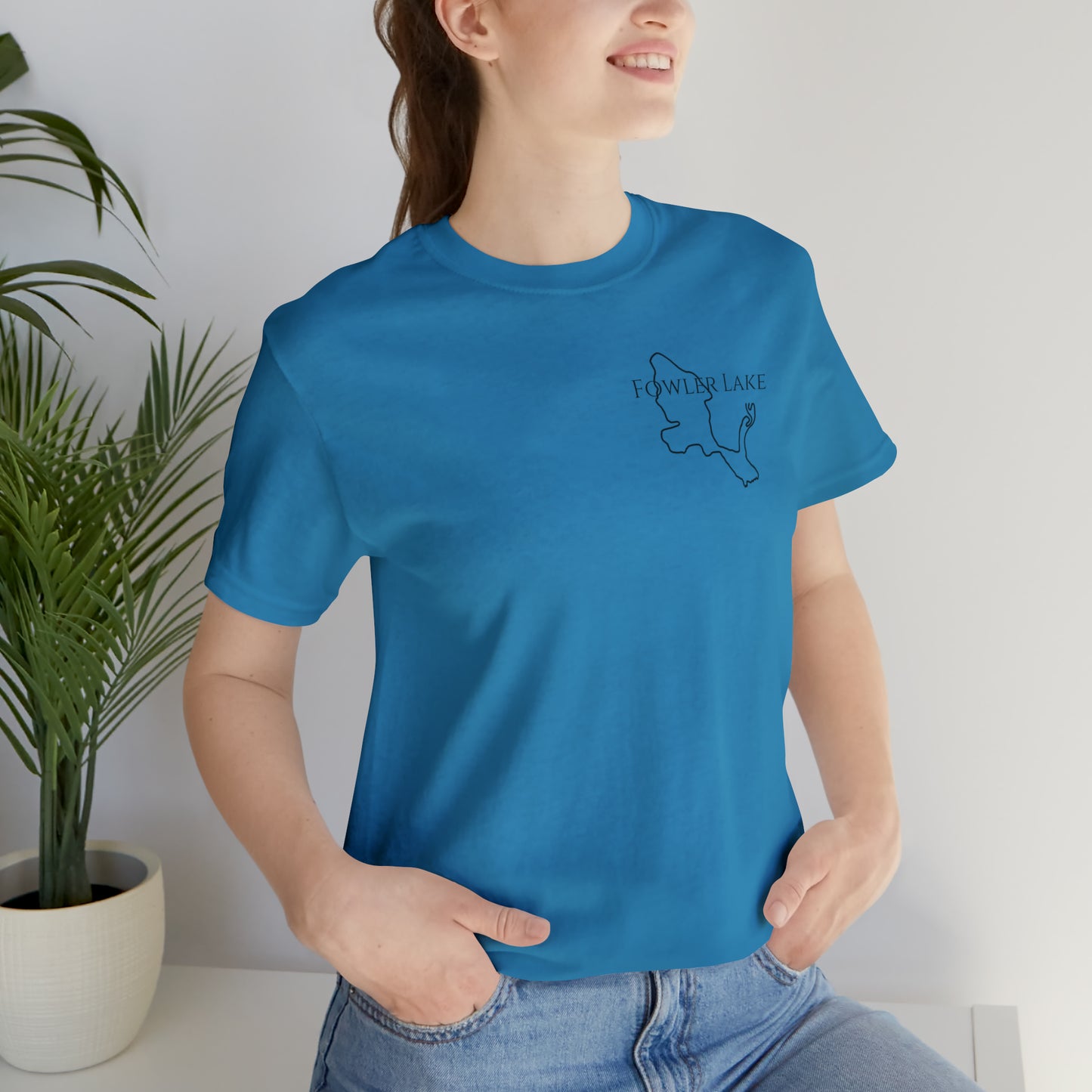Fowler Lake front, Fishing with Blue Background - Bella & Canvas Unisex Short Sleeve Tee