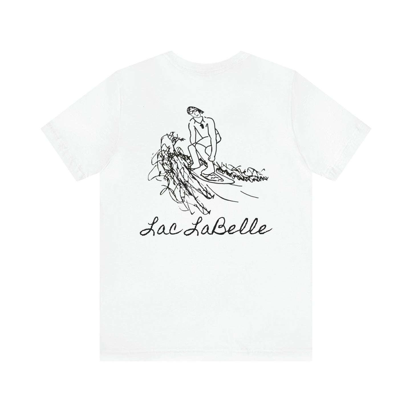 Lac LaBelle, Bottle Front & Surfing Sketch -Unisex Lightweight Short Sleeve Tee
