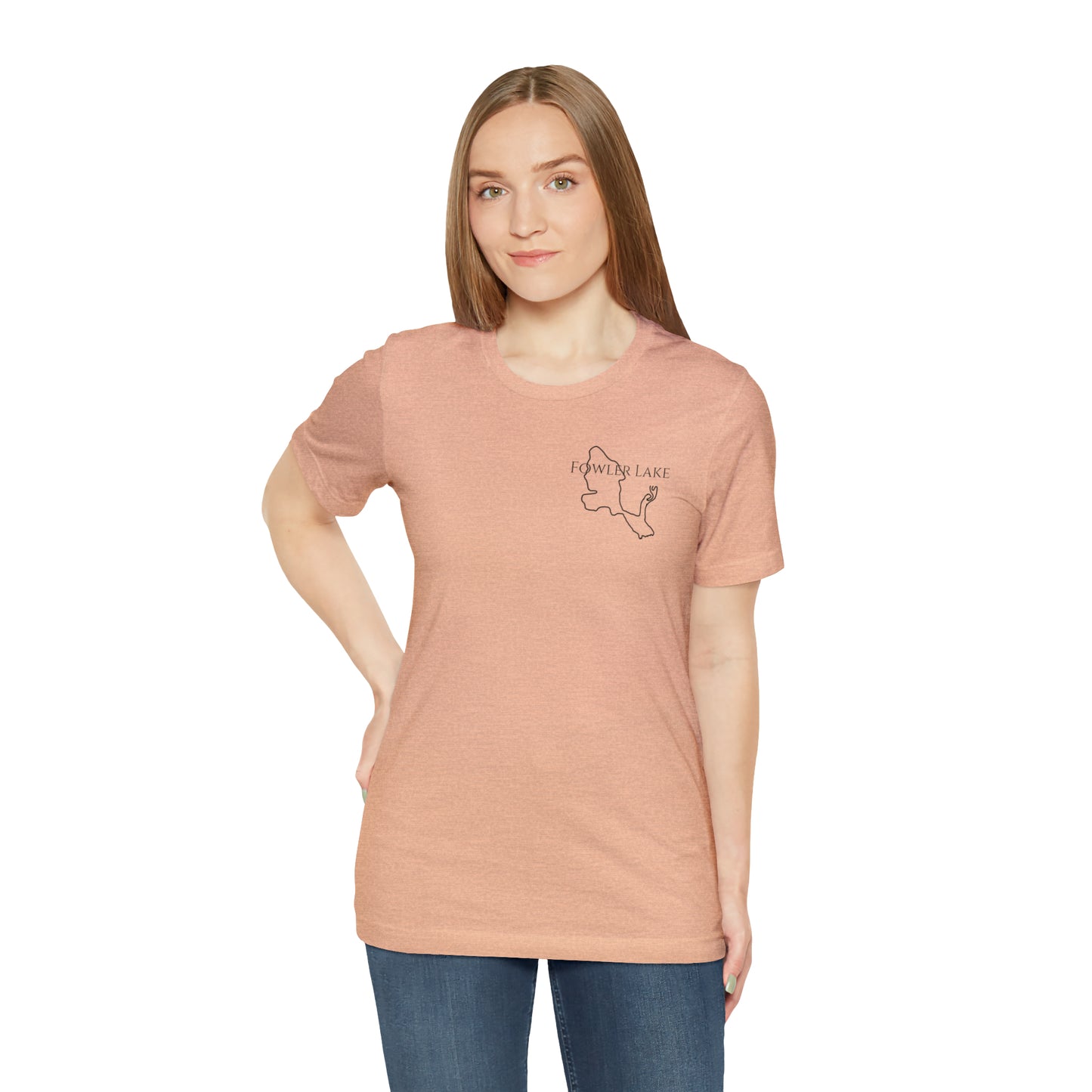 Fowler Lake front, Fishing with Blue Background - Bella & Canvas Unisex Short Sleeve Tee