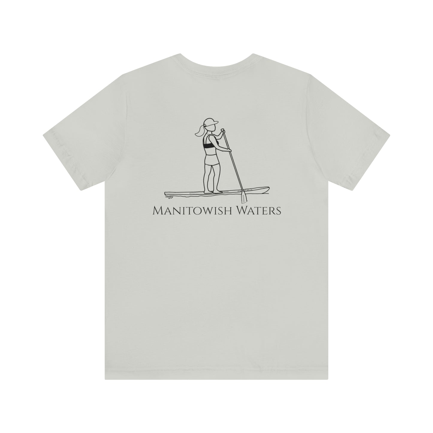 Paddle Board Female Back - Manitowish Waters Unisex Lightweight Short Sleeve Tee