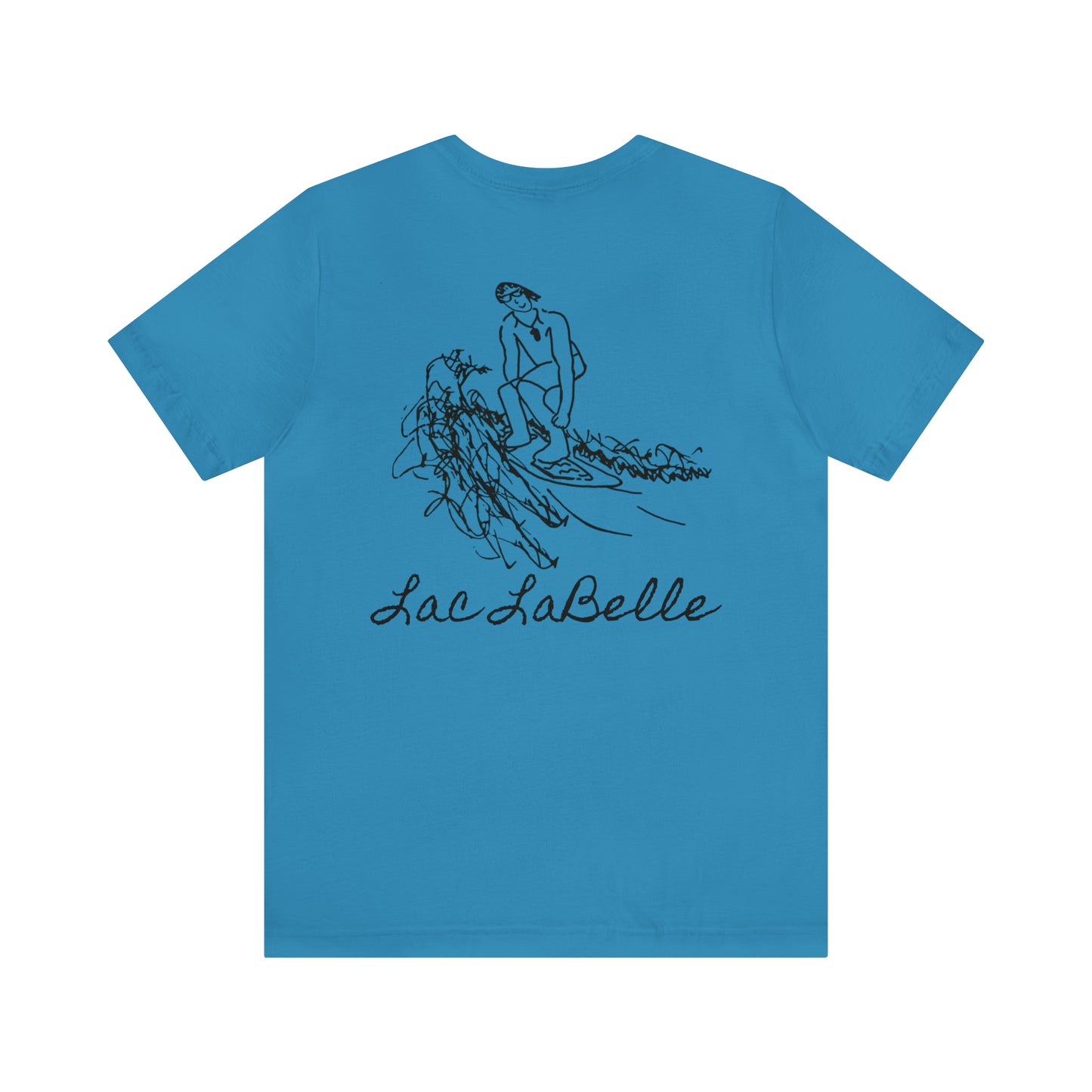 Lac LaBelle, Bottle Front & Surfing Sketch -Unisex Lightweight Short Sleeve Tee