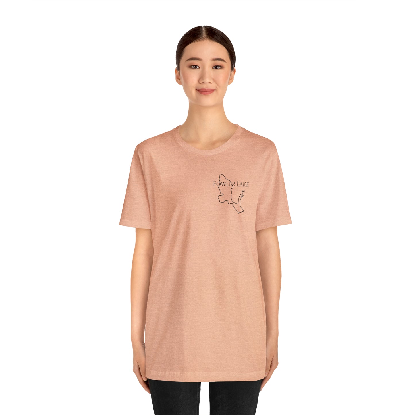 Fowler Lake front, Fishing with Blue Background - Bella & Canvas Unisex Short Sleeve Tee