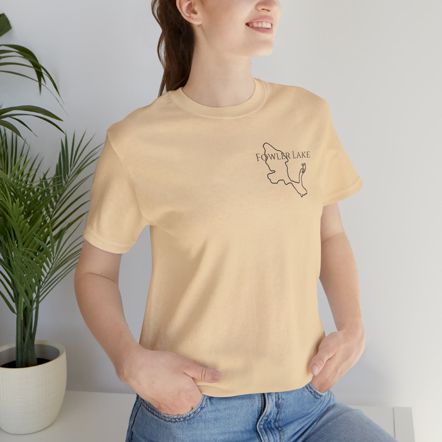 Fowler Lake front, Fishing with Blue Background - Bella & Canvas Unisex Short Sleeve Tee