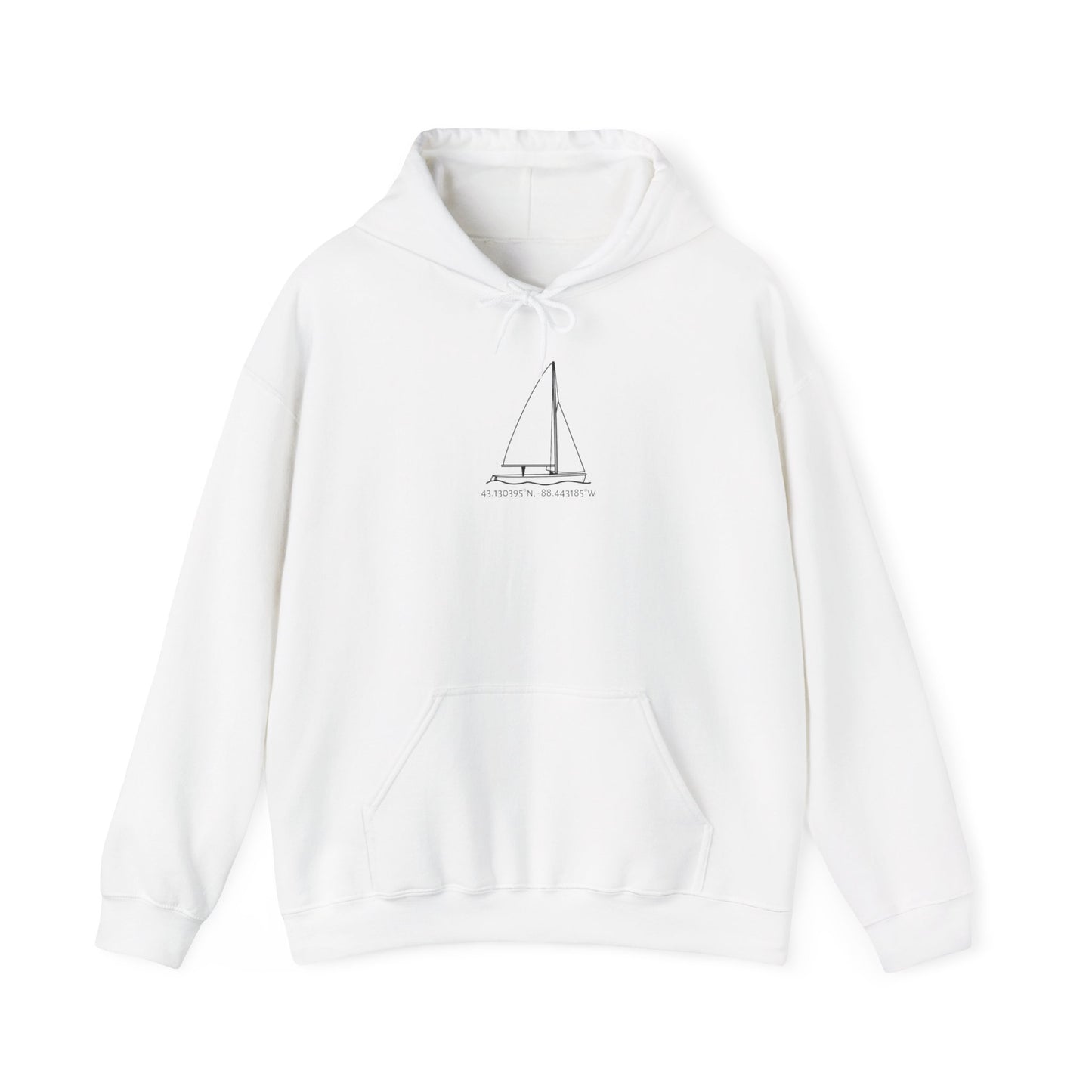 Sailboat 470 Model Type Okauchee Lake Coordinates Unisex Heavy Blend™ Hooded Sweatshirt