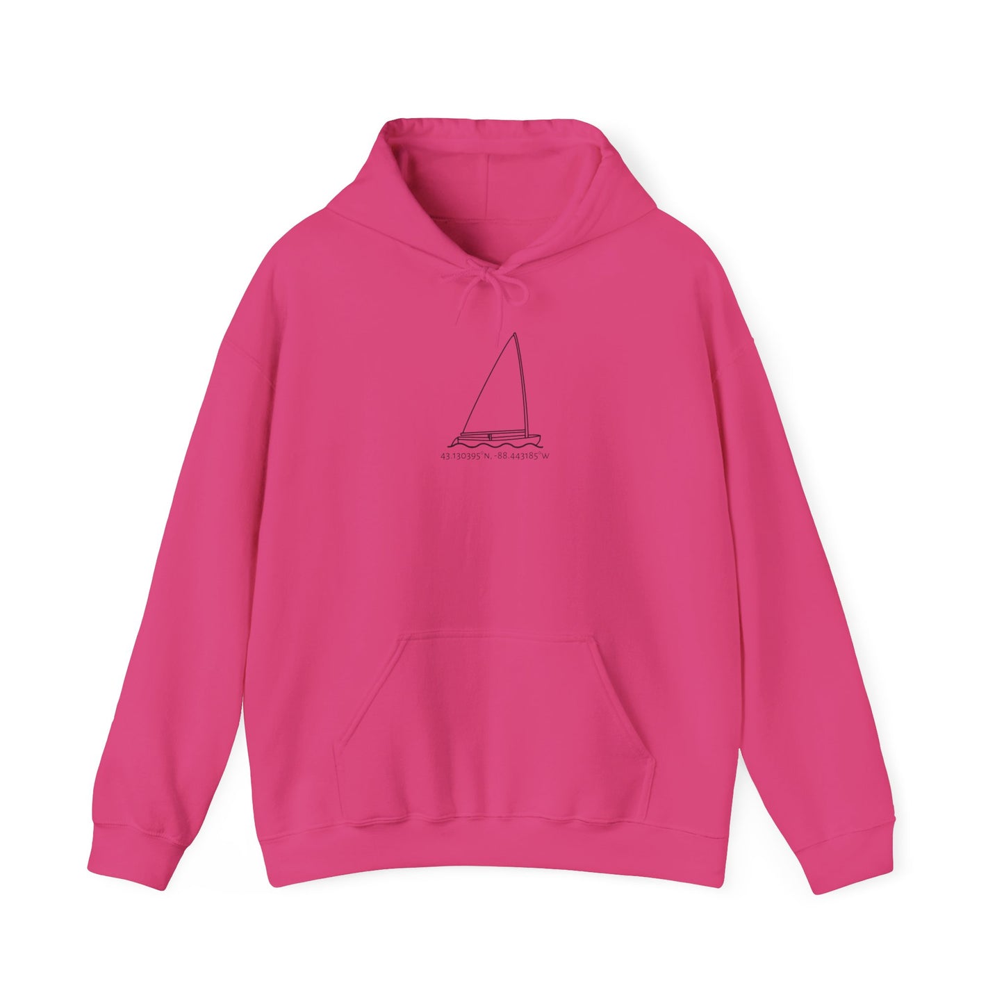 Sailboat Finn Model Type Okauchee Lake Coordinates Unisex Heavy Blend™ Hooded Sweatshirt