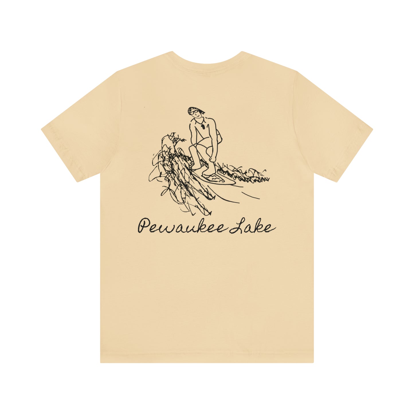 Pewaukee Lake, Bottle Front & Surfing Sketch - Unisex Lightweight Short Sleeve Tee