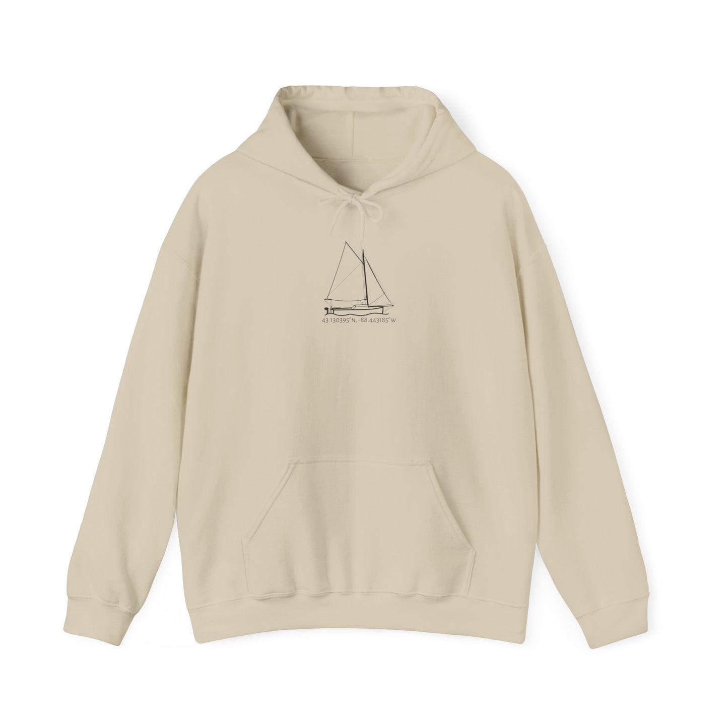 Sailboat with Motor Okauchee Lake Coordinates Unisex Heavy Blend™ Hooded Sweatshirt