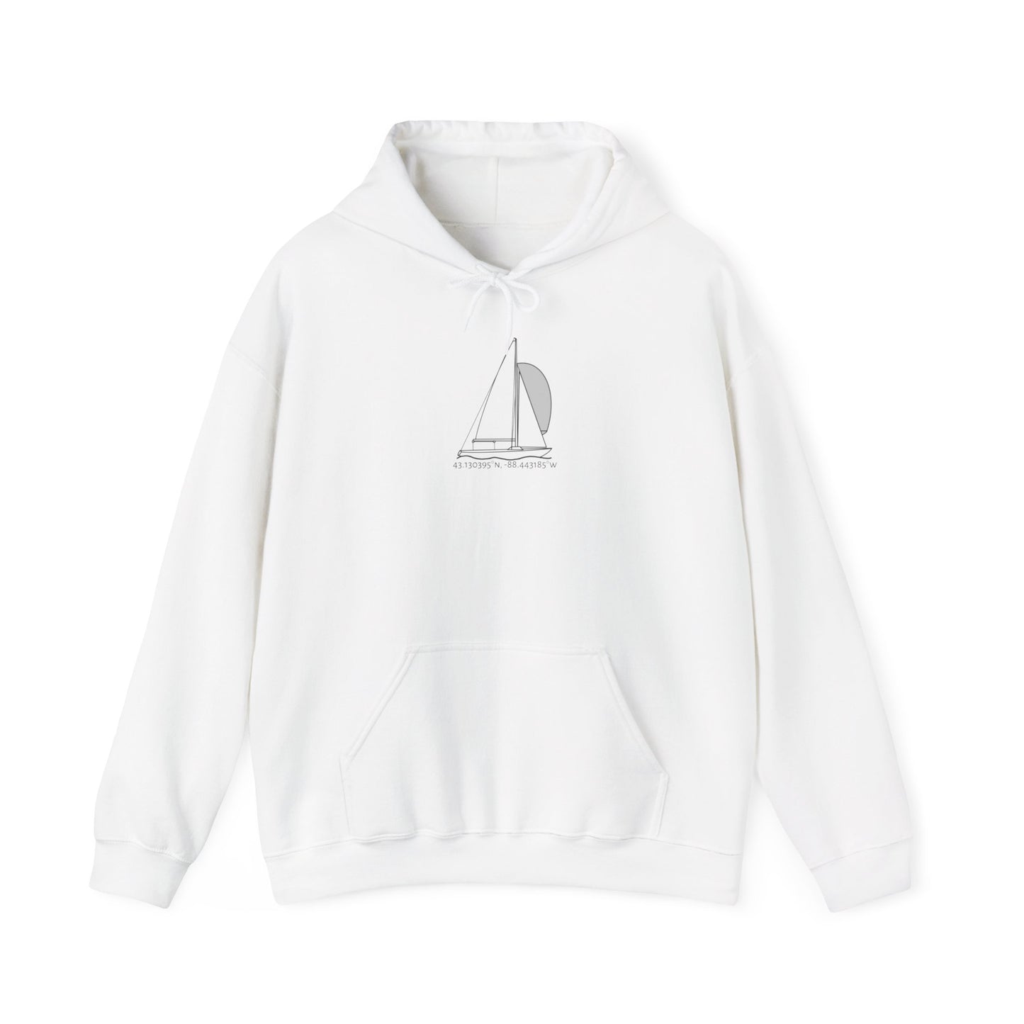 Sailboat Yngling Model Type Okauchee Lake Coordinates Unisex Heavy Blend™ Hooded Sweatshirt