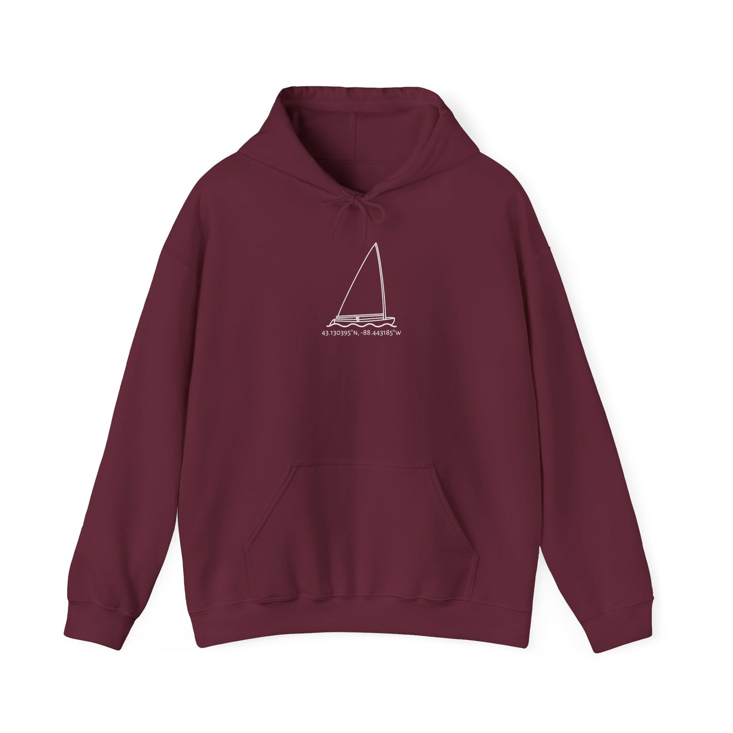 Sailboat Finn Model Type Okauchee Lake Coordinates Unisex Heavy Blend™ Hooded Sweatshirt