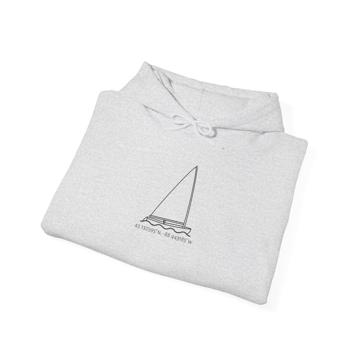 Sailboat Finn Model Type Okauchee Lake Coordinates Unisex Heavy Blend™ Hooded Sweatshirt