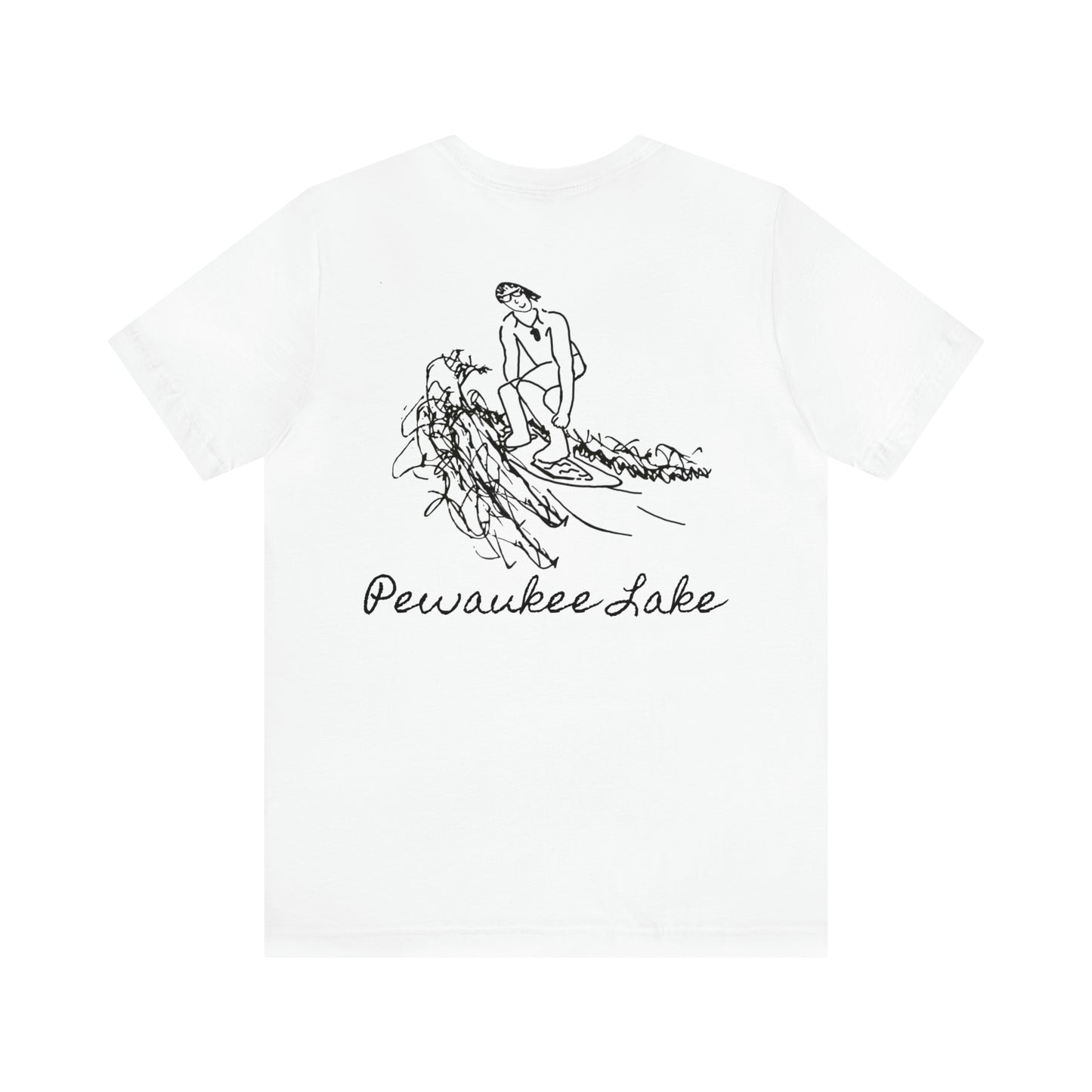 Pewaukee Lake, Bottle Front & Surfing Sketch - Unisex Lightweight Short Sleeve Tee