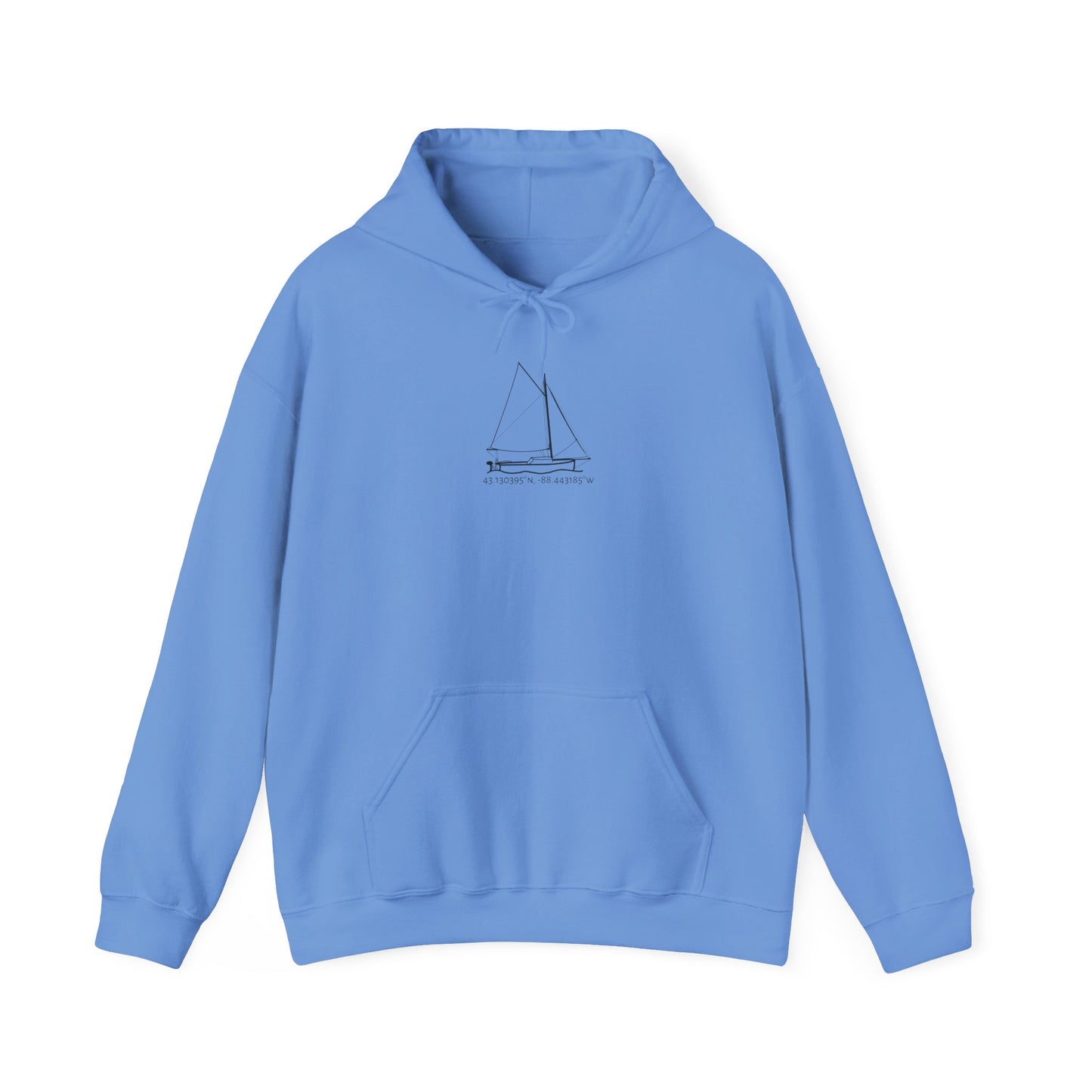 Sailboat with Motor Okauchee Lake Coordinates Unisex Heavy Blend™ Hooded Sweatshirt