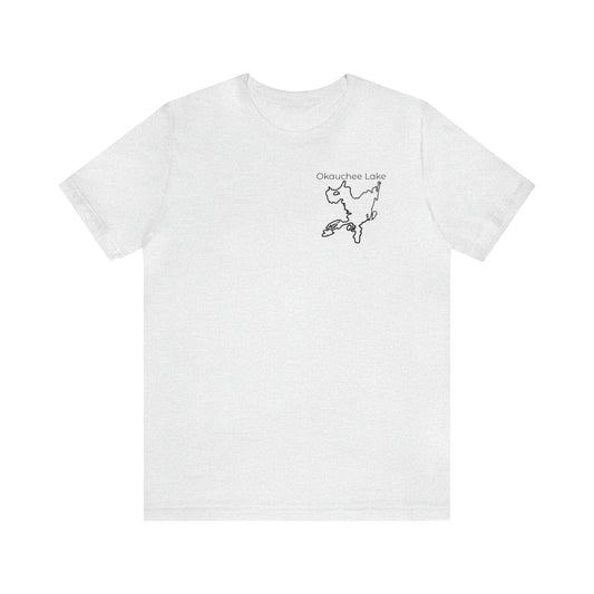 Okauchee Lake, Fishing Off Dock Back - Unisex Lightweight Short Sleeve Tee