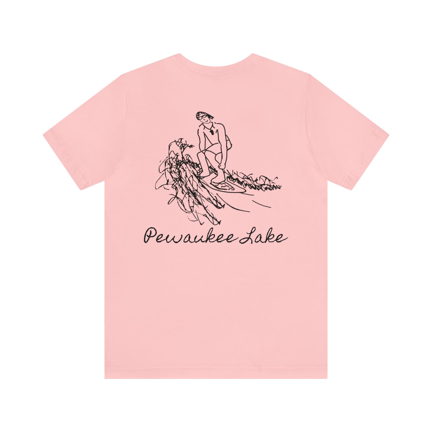 Pewaukee Lake, Bottle Front & Surfing Sketch - Unisex Lightweight Short Sleeve Tee