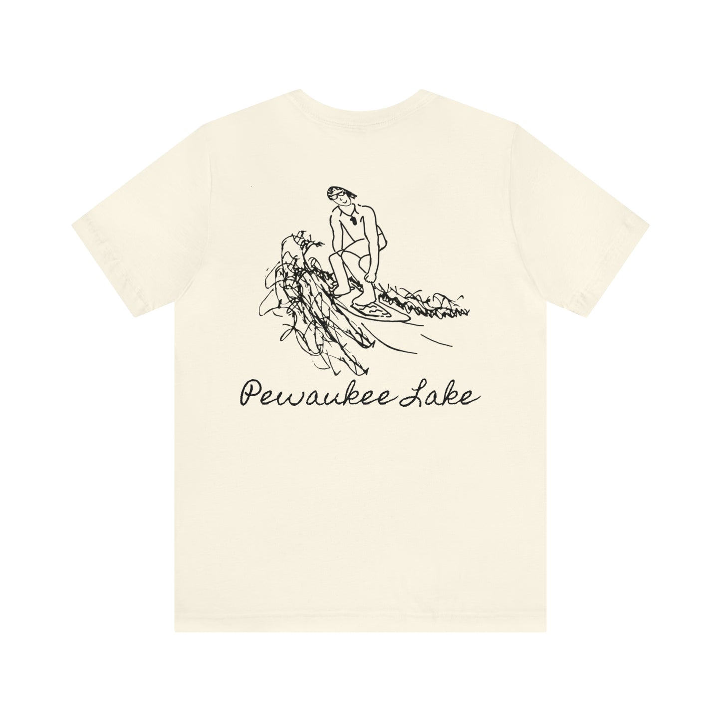 Pewaukee Lake, Bottle Front & Surfing Sketch - Unisex Lightweight Short Sleeve Tee