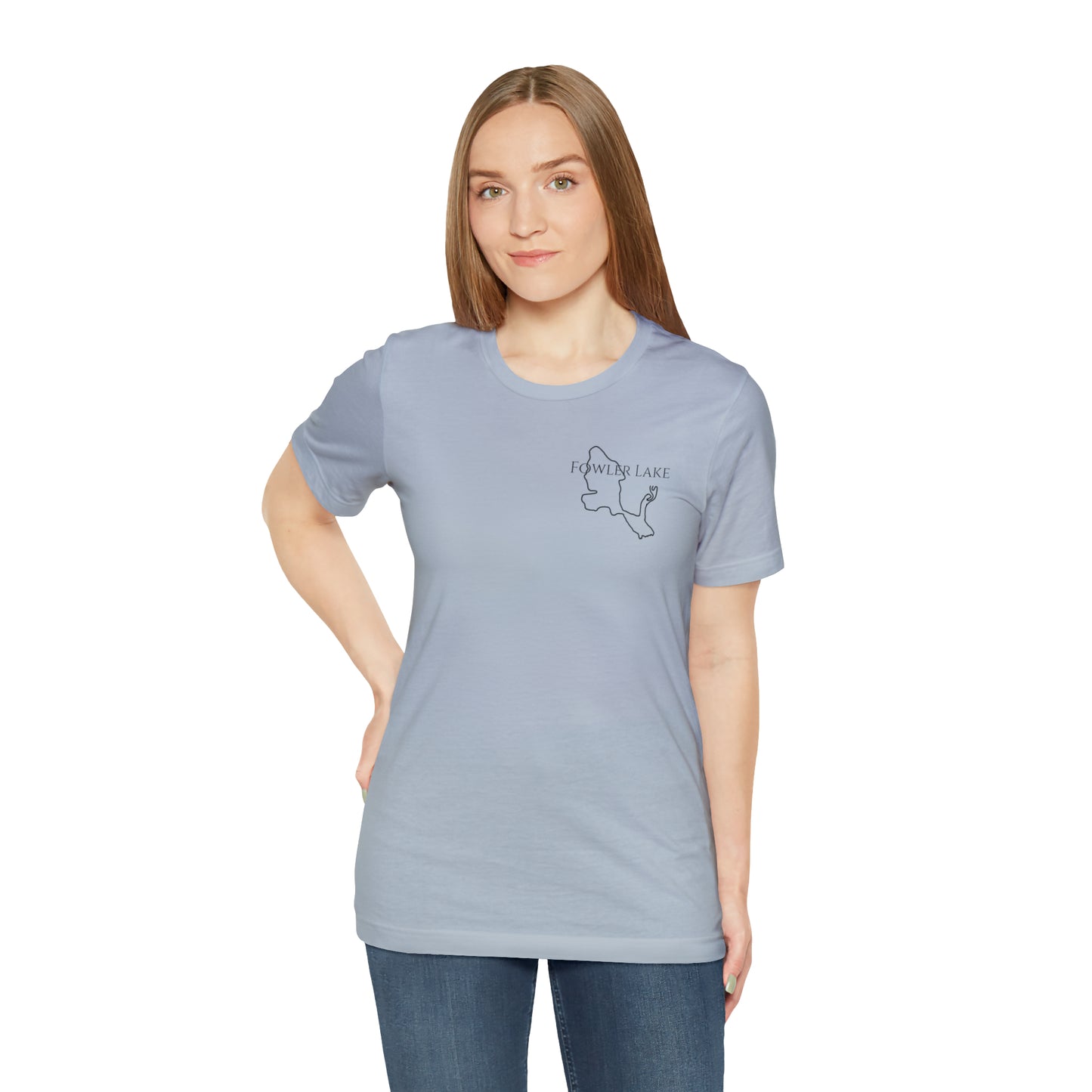 Fowler Lake front, Fishing with Blue Background - Bella & Canvas Unisex Short Sleeve Tee