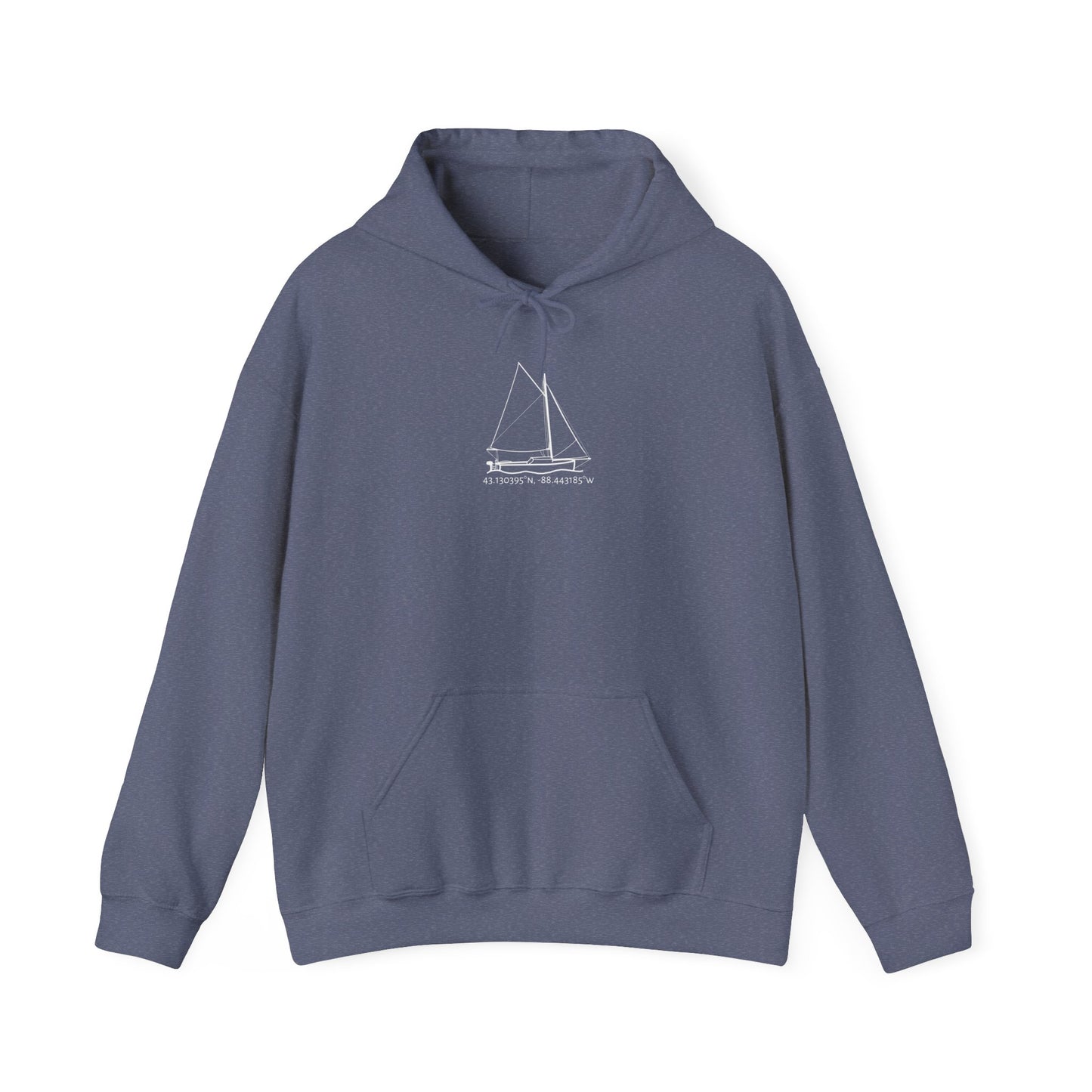 Sailboat with Motor Okauchee Lake Coordinates Unisex Heavy Blend™ Hooded Sweatshirt