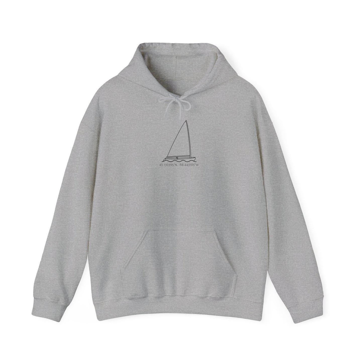 Sailboat Finn Model Type Okauchee Lake Coordinates Unisex Heavy Blend™ Hooded Sweatshirt