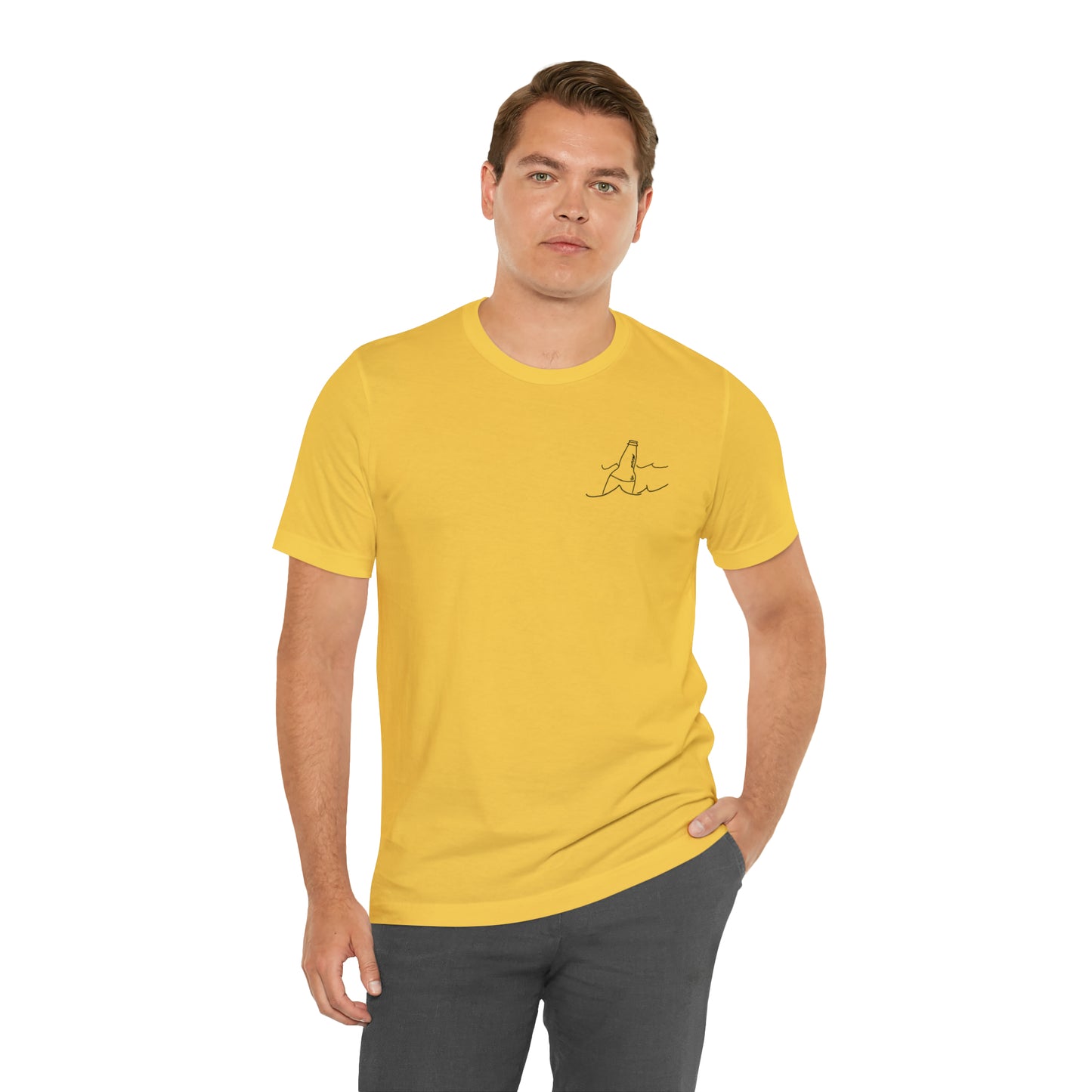 Pewaukee Lake, Bottle Front & Surfing Sketch - Unisex Lightweight Short Sleeve Tee