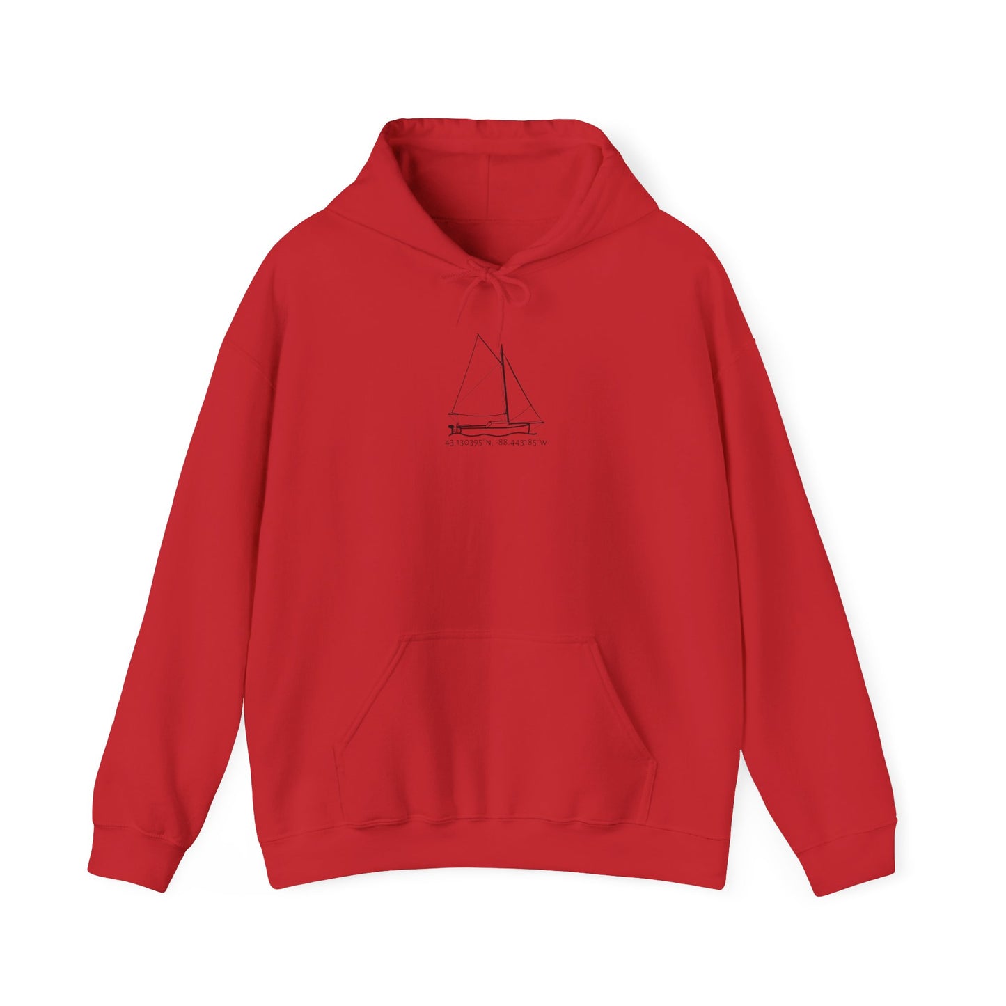 Sailboat with Motor Okauchee Lake Coordinates Unisex Heavy Blend™ Hooded Sweatshirt