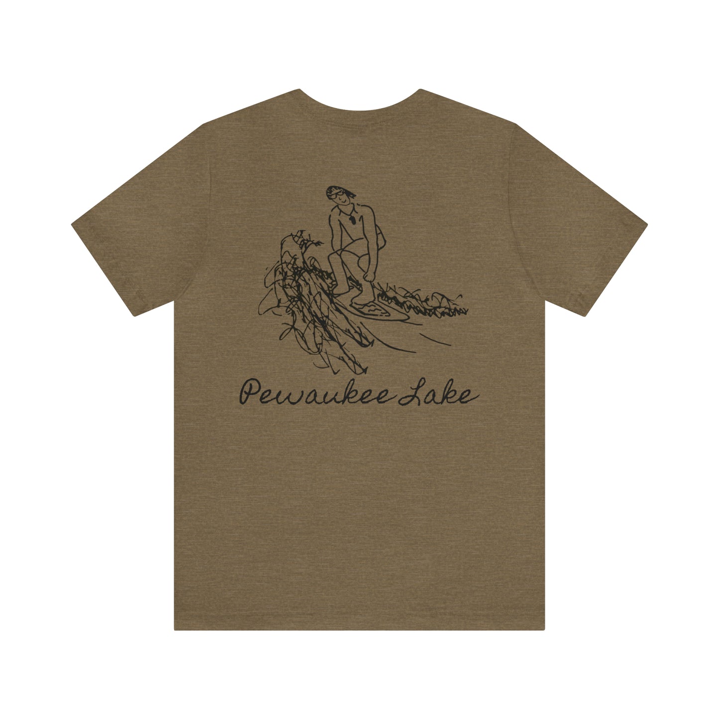 Pewaukee Lake, Bottle Front & Surfing Sketch - Unisex Lightweight Short Sleeve Tee