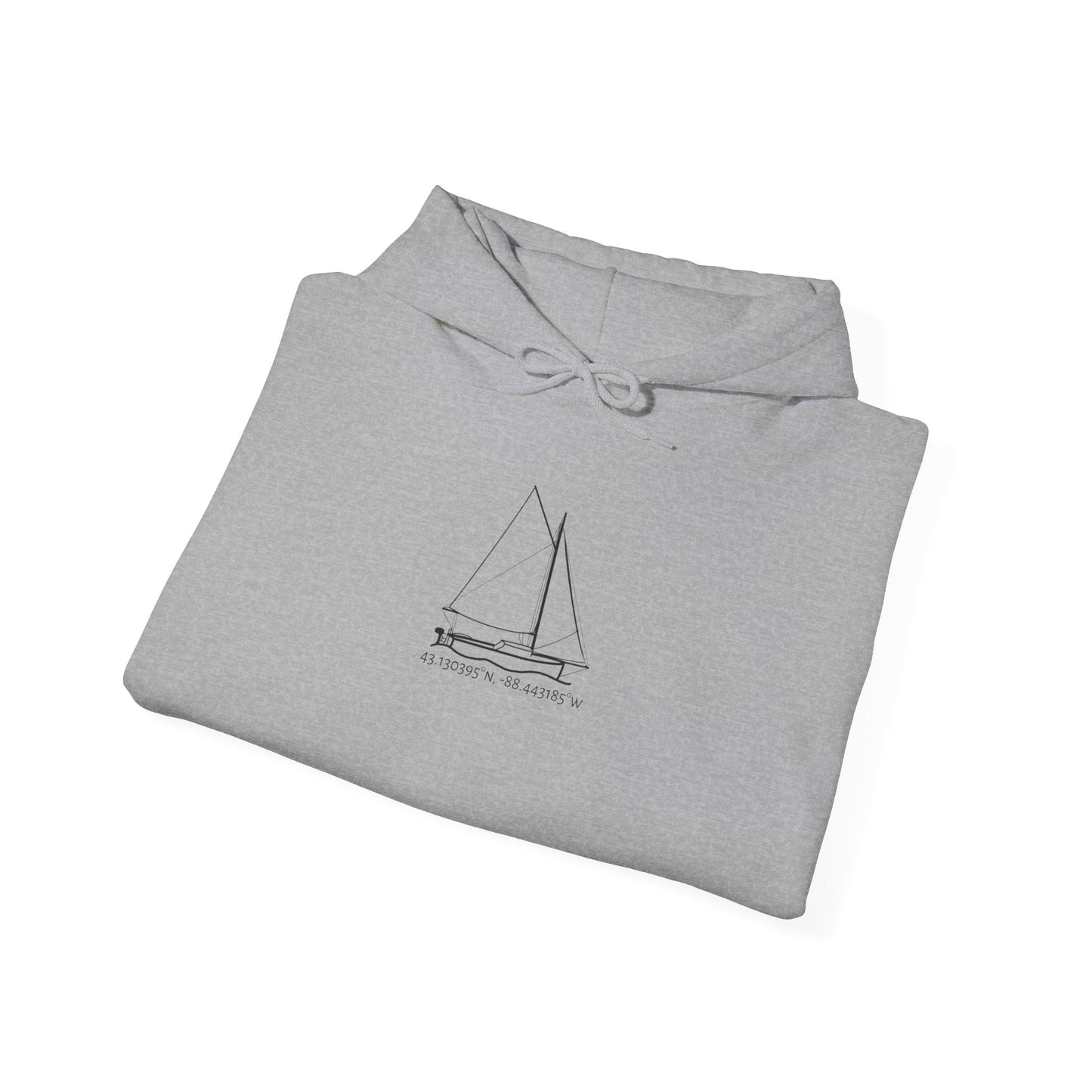 Sailboat with Motor Okauchee Lake Coordinates Unisex Heavy Blend™ Hooded Sweatshirt