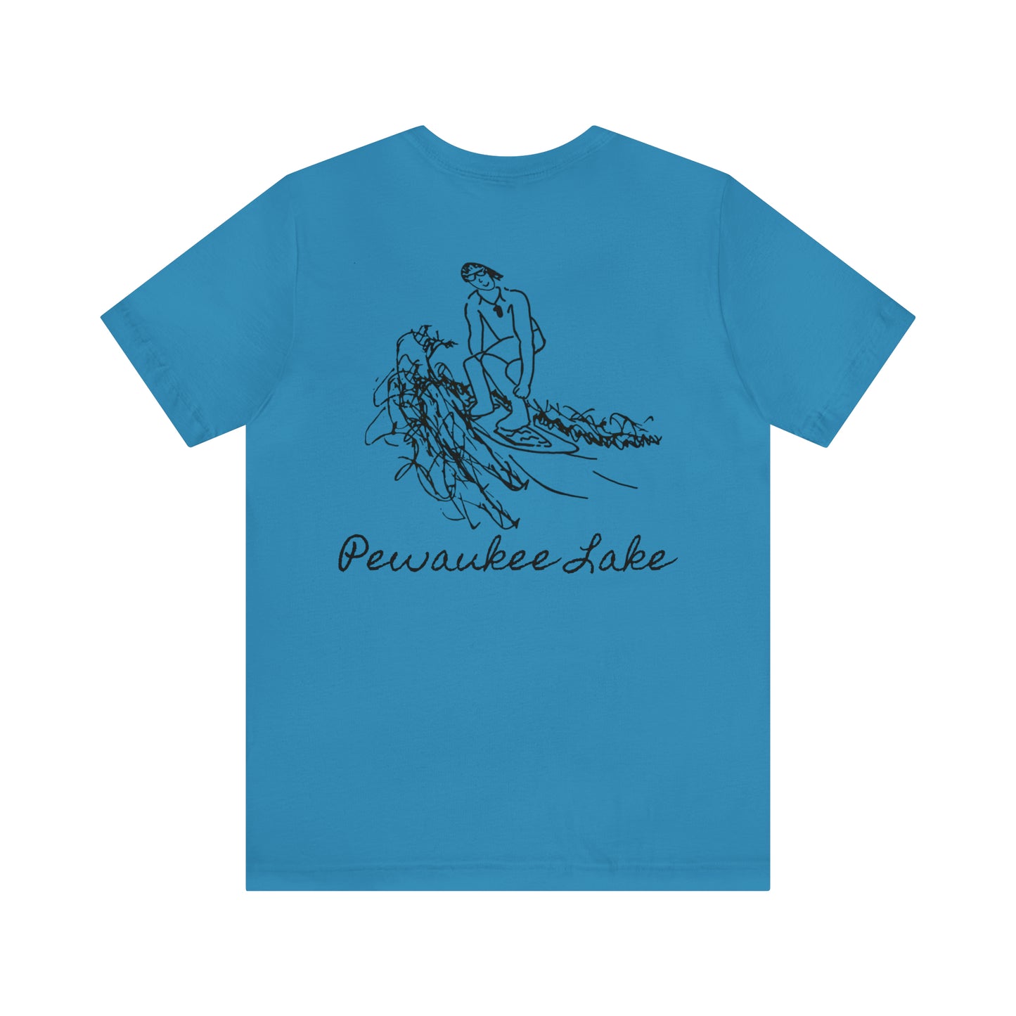 Pewaukee Lake, Bottle Front & Surfing Sketch - Unisex Lightweight Short Sleeve Tee