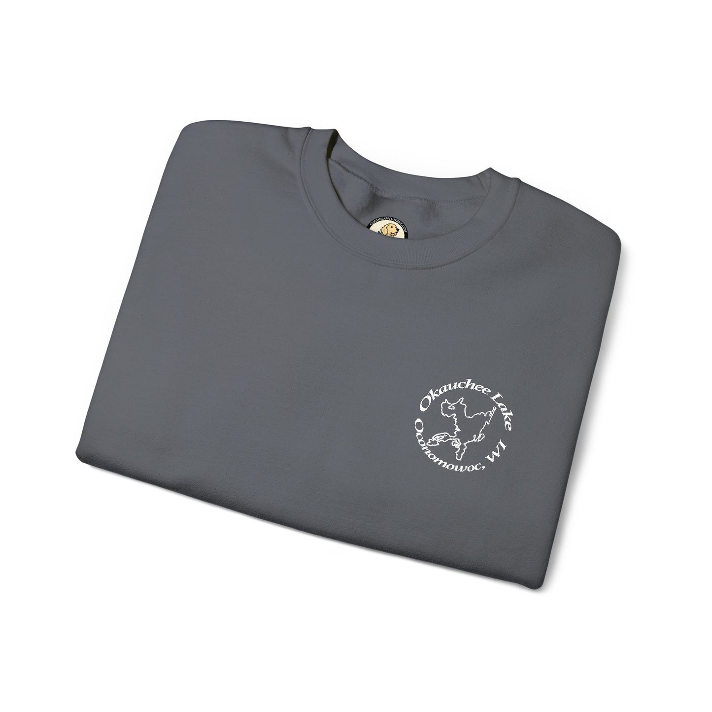 Okauchee Lake Embroidered circle text Oconomowoc WI Unisex Heavy Blend™ Crewneck Sweatshirt