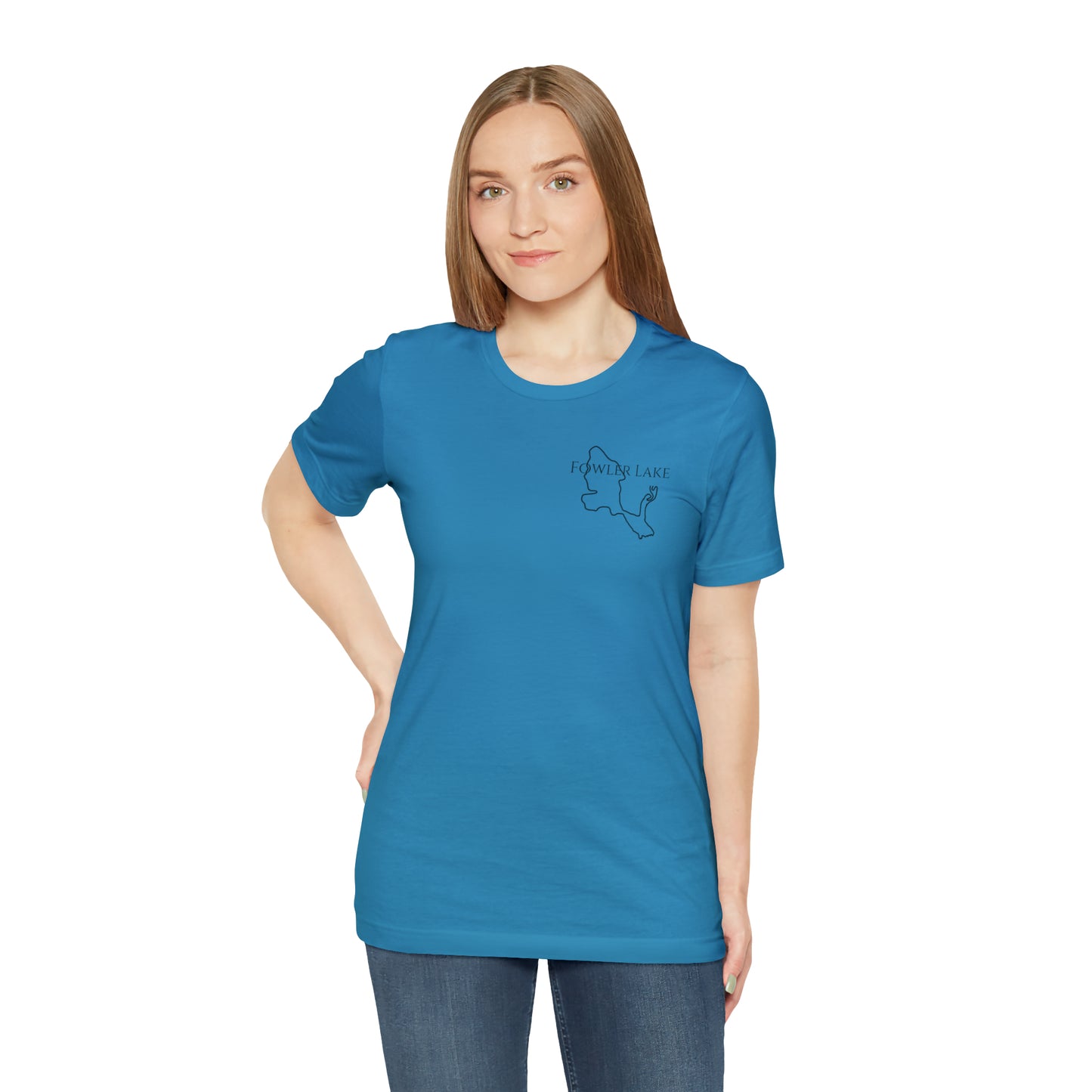 Fowler Lake front, Fishing with Blue Background - Bella & Canvas Unisex Short Sleeve Tee