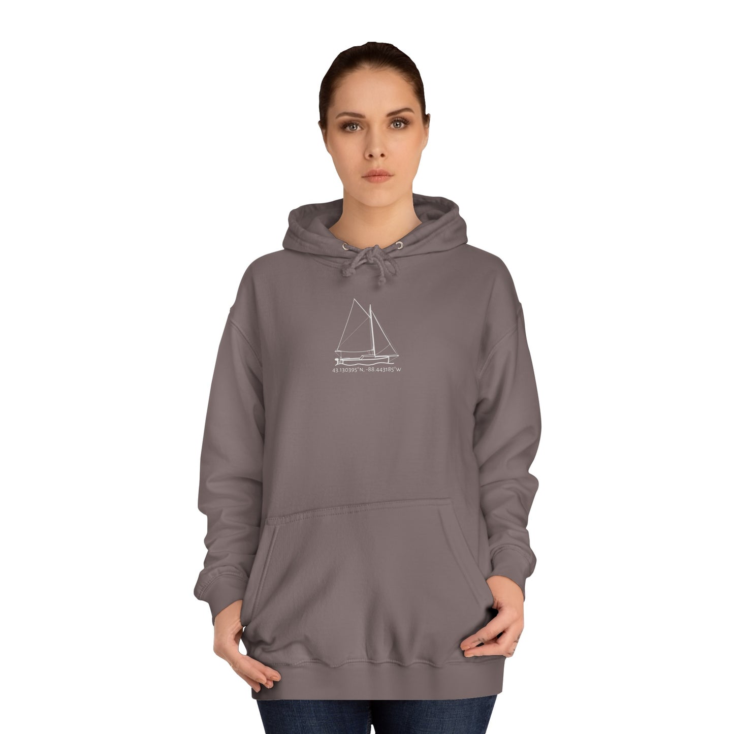 Sailboat With Motor Okauchee Lake Coordinates - Medium Weight Hoodie