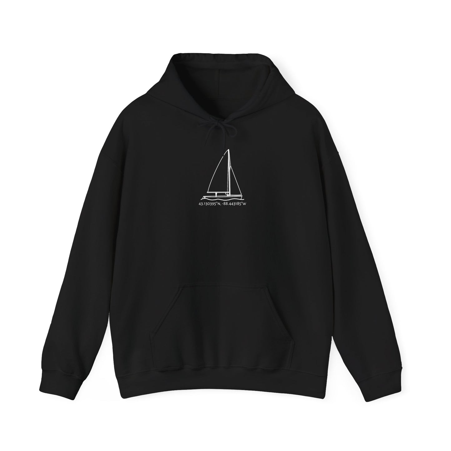 Sailboat 470 Model Type Okauchee Lake Coordinates Unisex Heavy Blend™ Hooded Sweatshirt