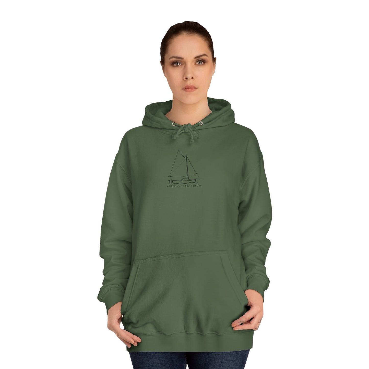 Sailboat With Motor Okauchee Lake Coordinates - Medium Weight Hoodie