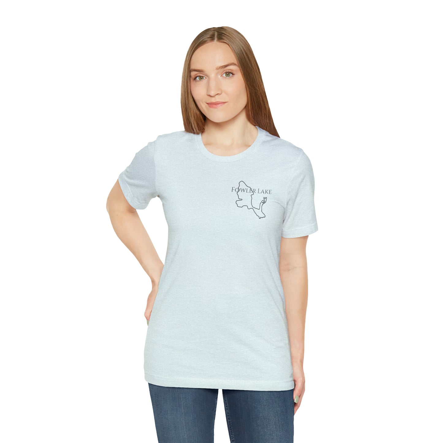 Fowler Lake front, Fishing with Blue Background - Bella & Canvas Unisex Short Sleeve Tee