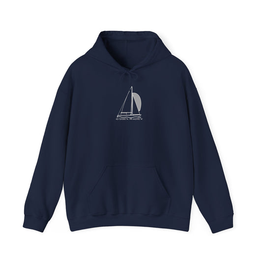 Sailboat Yngling Model Type Okauchee Lake Coordinates Unisex Heavy Blend™ Hooded Sweatshirt